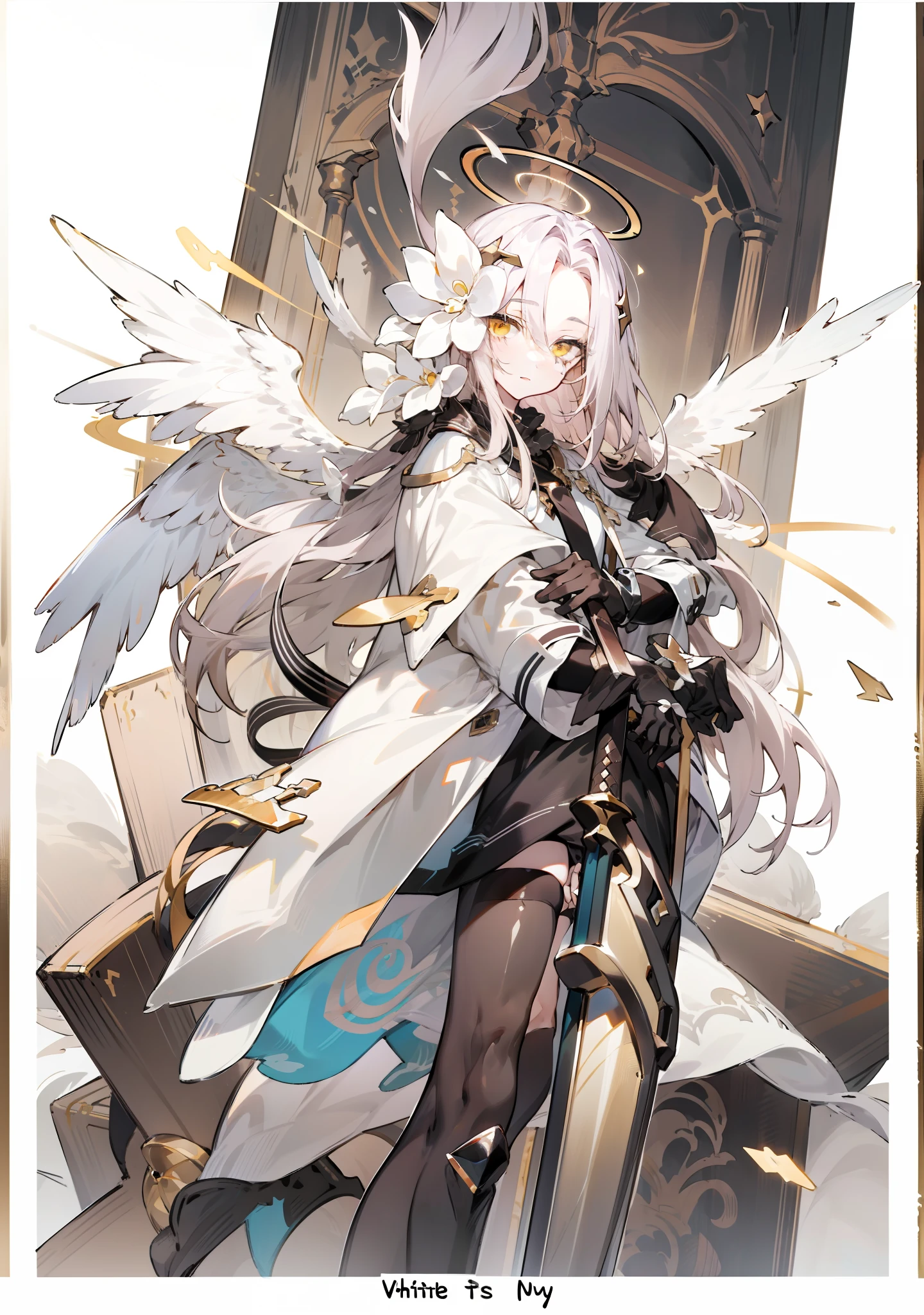 Need,tmasterpiece,whaite hair,Golden eyes,white coats,Overlooking,The upper part of the body,Hairline,Fair skin，Golden halo，White wings，teens girl，expressiveless，Over-the-knee white stockings，White broadsword