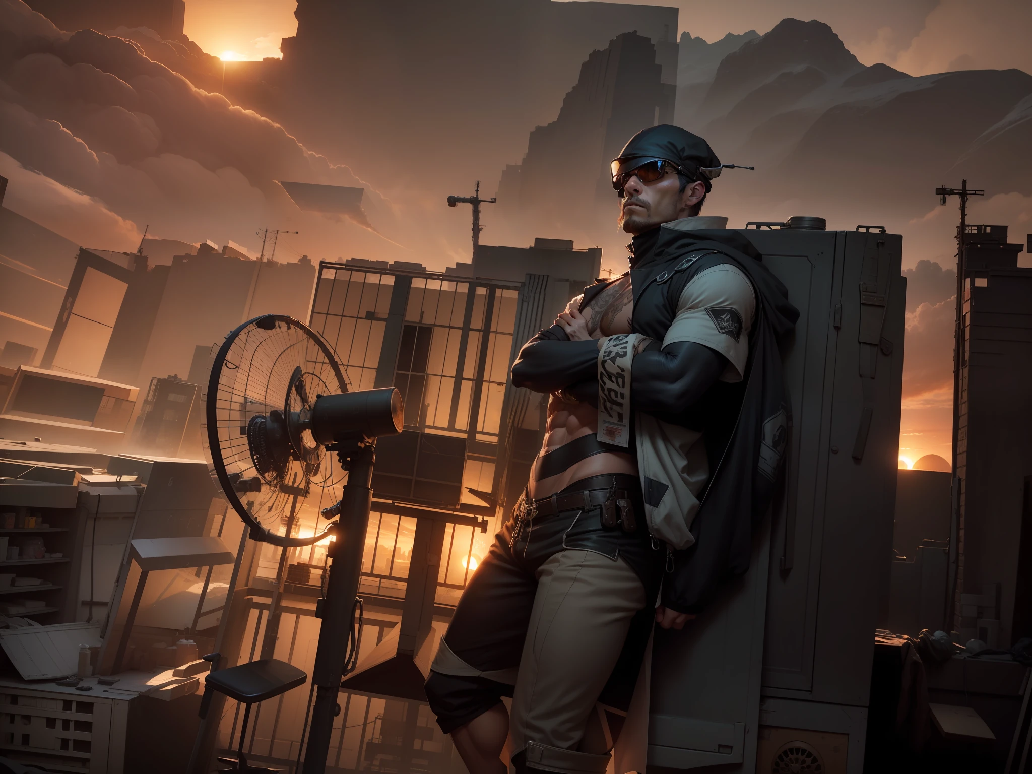 Masterpiece, (Super meticulous), (animal personification), Gangster theme, president,handsome, wind coat,High-rise rooftops,the setting sun,smog, shadowing, Corrupt cityscape, HighestQuali, single focal, (skimming: 1.1), muscle men, full bodyesbian,iintricate(high detal:1.1)unreal-engine。
