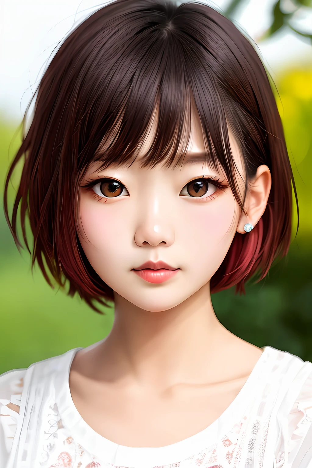 Square round face, big eyes, small nose, light red short hair, girl