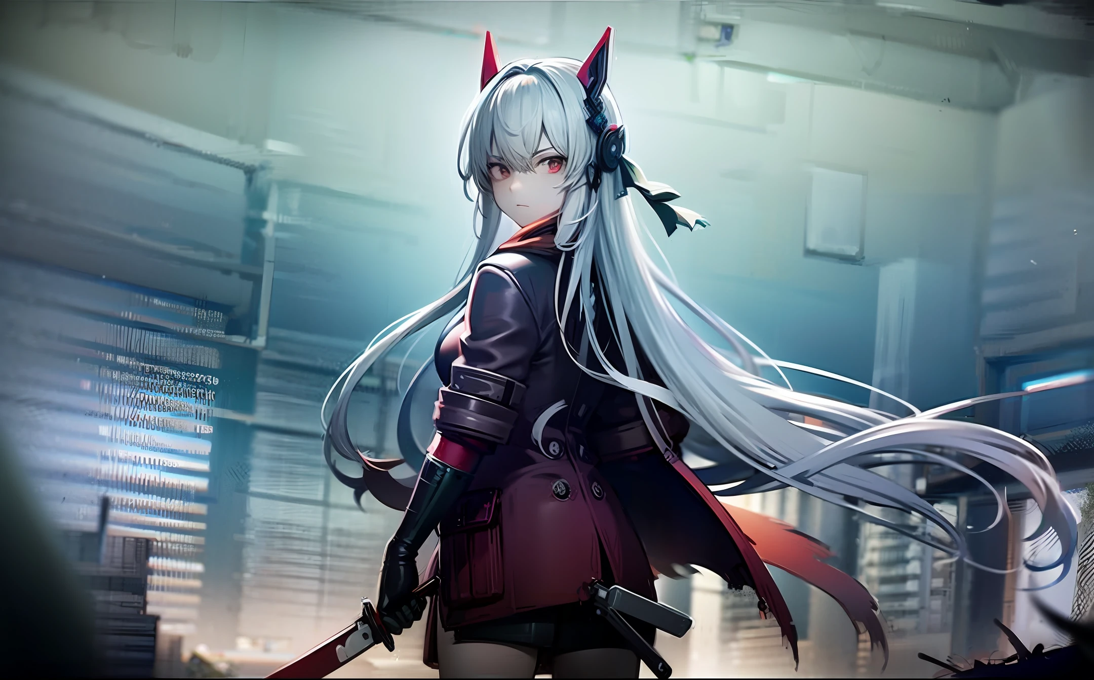 long white hair,red - eyed,is wearing casock,shoun,Carry a knife,Stand in front of an abandoned ancient city,Face away from the camera,Desolate dusk