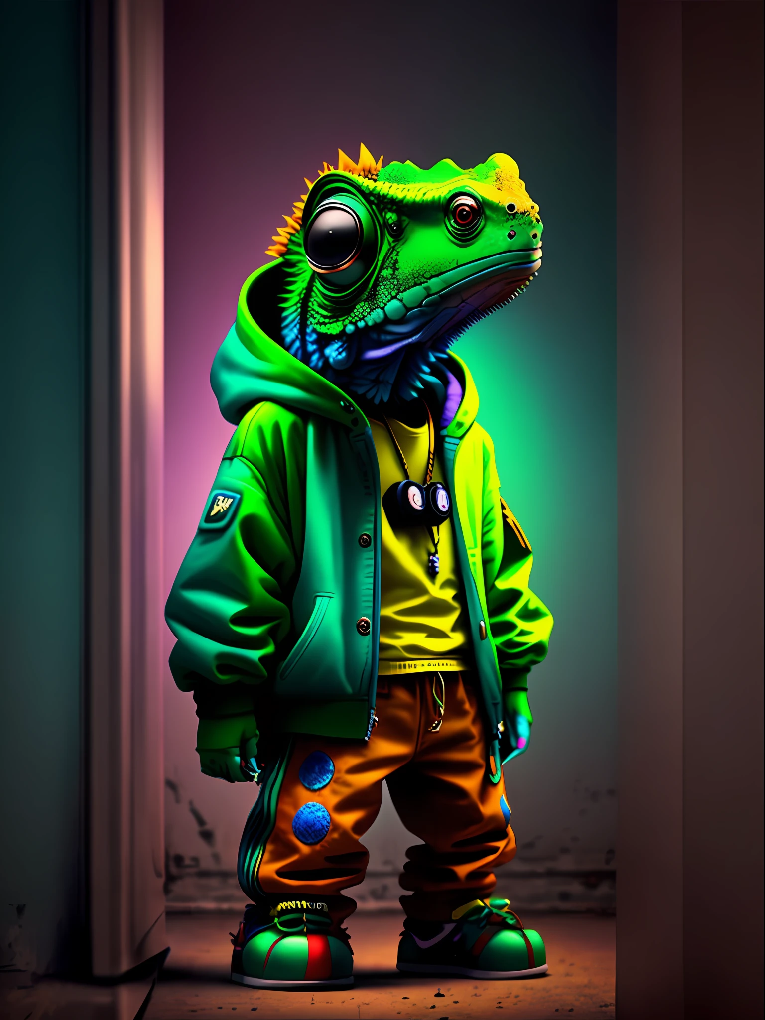 Image of a chameleon standing, wearing hip-hop style clothes, speakers, 90s style
