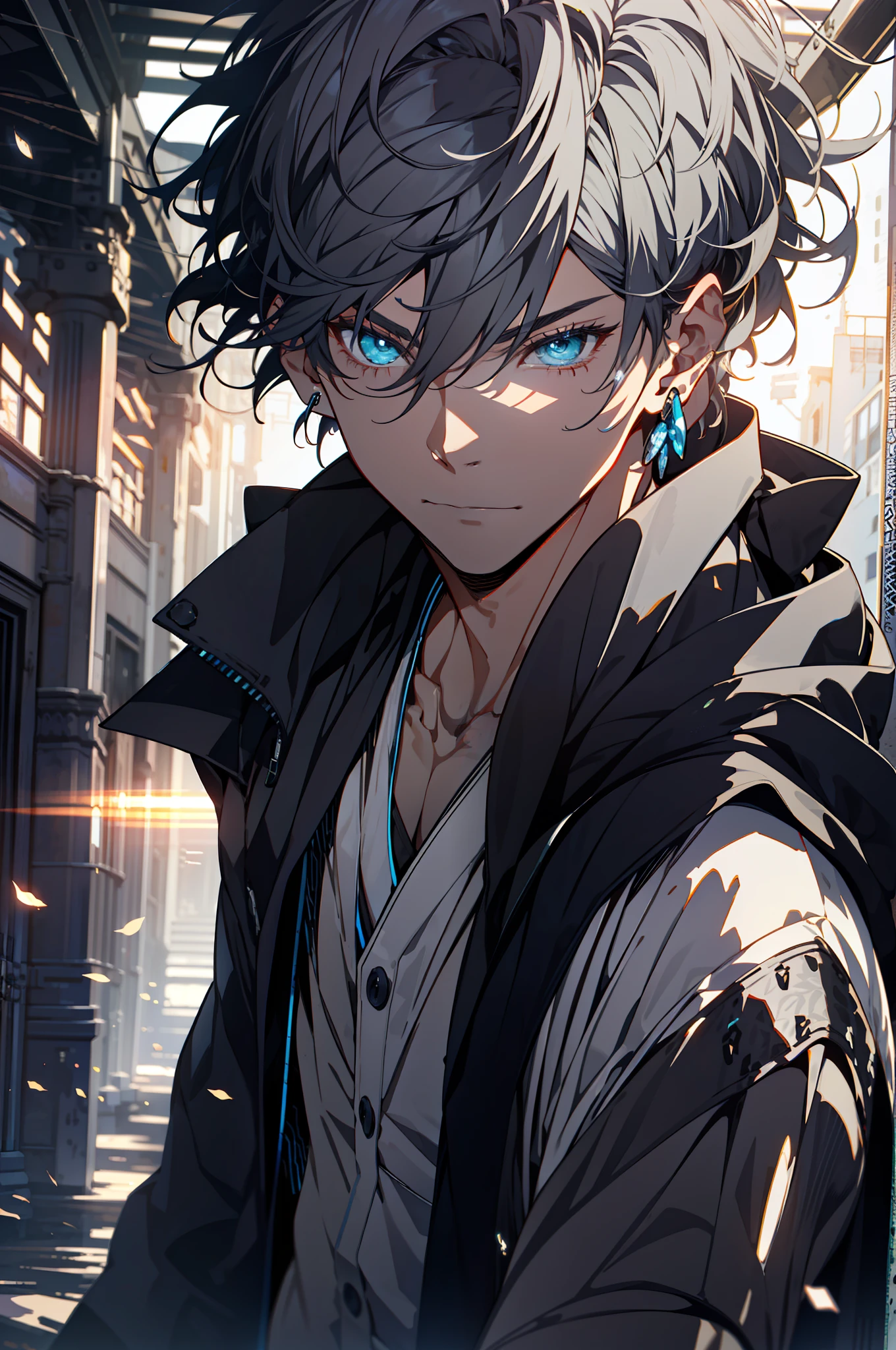 ,Clean design,Mature male epic Instagram,art stations,Colorful paint splashes,contours,Hyper-detailed intricate details,unreal-engine,fanciful,Complicated details,splash image,complementary colours,fantasy concept art,8K分辨率,A masterpiece of deviantart,oil painted,Heavy strokes,paint drips,(Isolate on a white background:1.3),Rainbow skins,(((A handsome young))), ( (glow blue eyes), ((Eyes have light)),((((Short gray hair:1.1))), ((black-clad)), Indifferent expression\\),, (((Wearing a luxurious black robe with high details))), A head of white hair,(chest muscle) Two-dimensional masterpiece Maximum image quality 1080p Single black and blue long-haired boy, Messy hair, musculature, Earrings。handsome, Cold, half-body portrayal close-up, Clear face, clear and delicate eye description, Detailed face description, two-dimensional male correct facial features, correct eye proportions。 巨作, best qualityer, ultra detailed,an extremely delicate and beautiful, beautiful meticulous eyes, detailed light beautifully +Firefly 1boy robe shinelight lighting particle, illustration.watercolor colorful beautifully painted --v 6