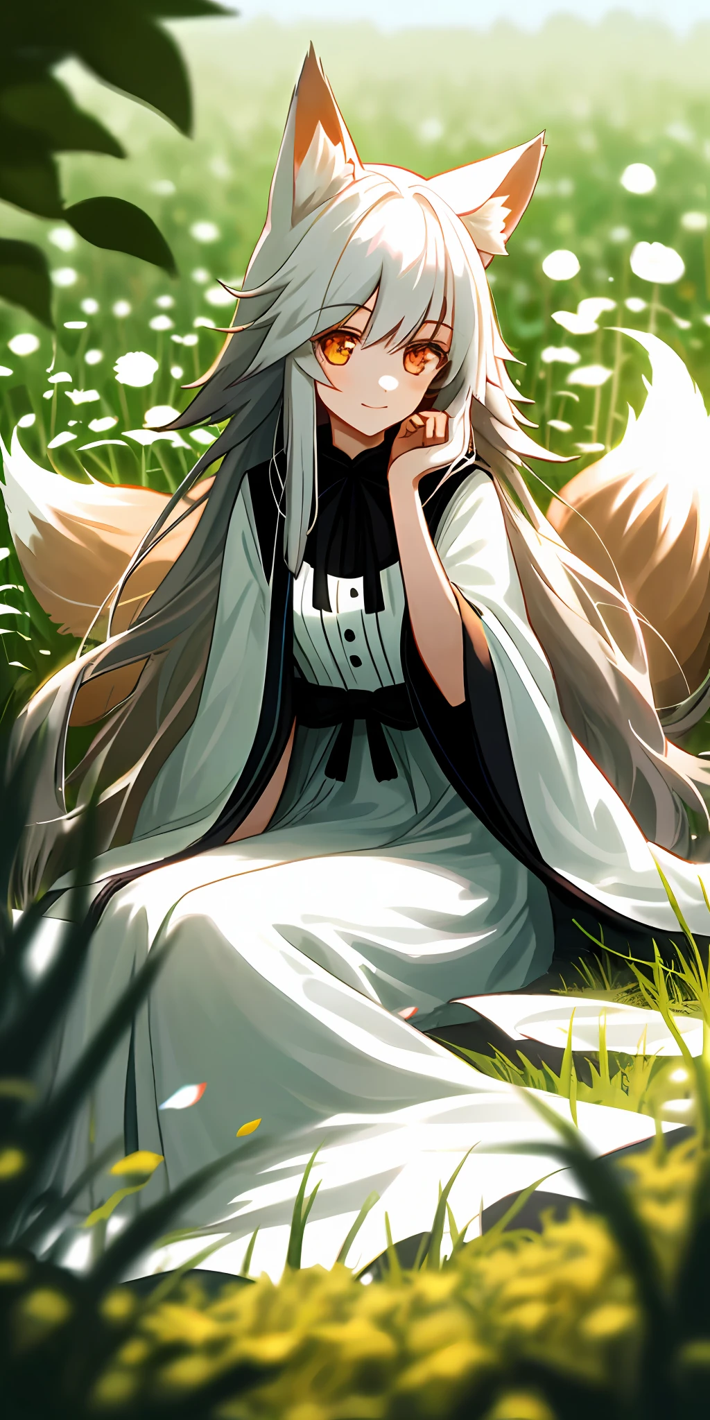 （tmasterpiece，best qualtiy），1 girl with long white hair sitting in a field of greenery and flowers，She has nine fox tails，She has fox ears，her hand under her chin，warmly lit，white dresses，Blurred foreground，