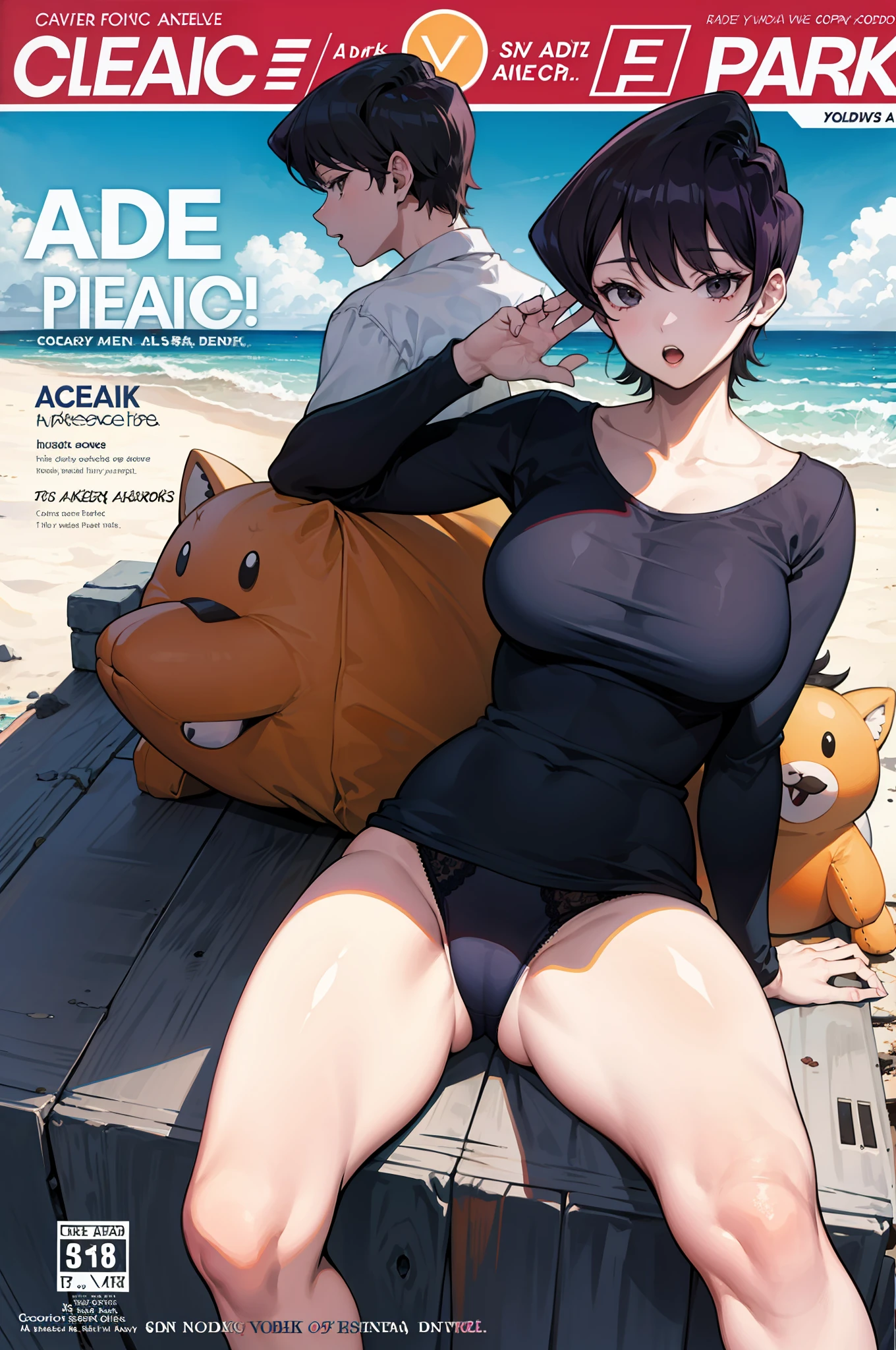 Komi Shuuko,Mature middle-aged woman，Fleshy thighs，Comic cover style，Comic title，adolable，Ocean park，White cool underwear