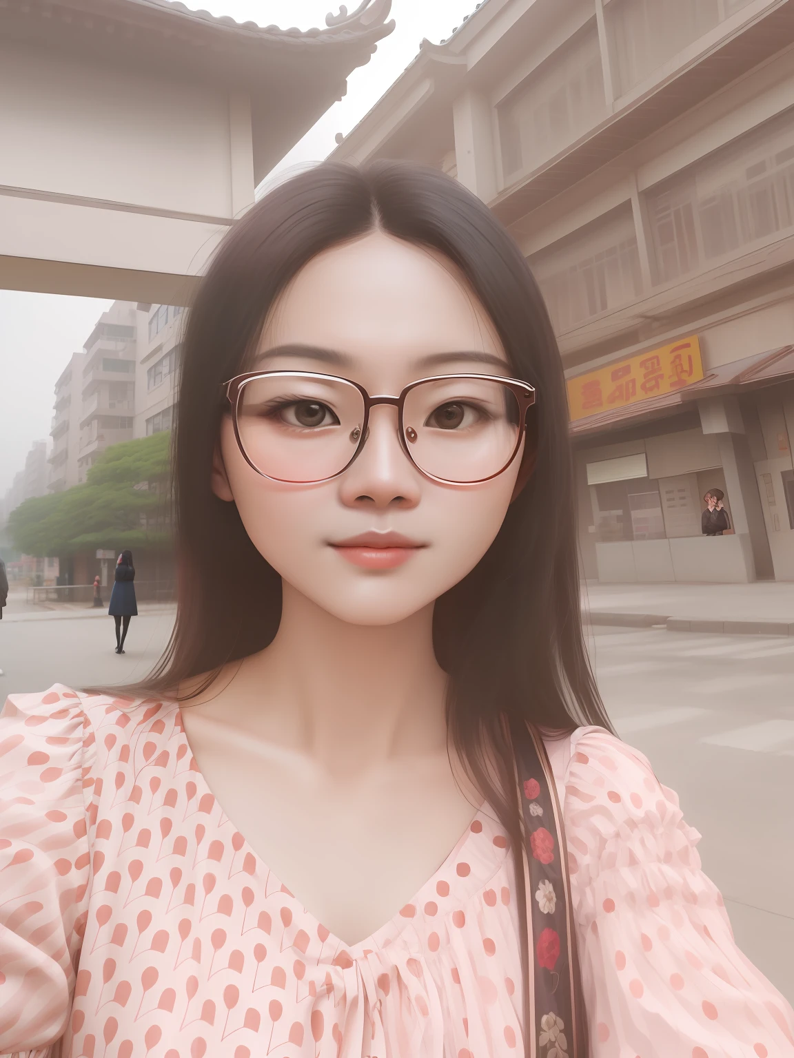 arafed woman wearing glasses and a polka dot dress standing in front of a building, 8k selfie photograph, wearing thin large round glasses, xintong chen, Li Zixin, wenfei ye, wearing small round glasses, zeng fanzh, yanjun cheng, chengyou liu, 2 8 years old, pengzhen zhang, jinyiwei, With glasses