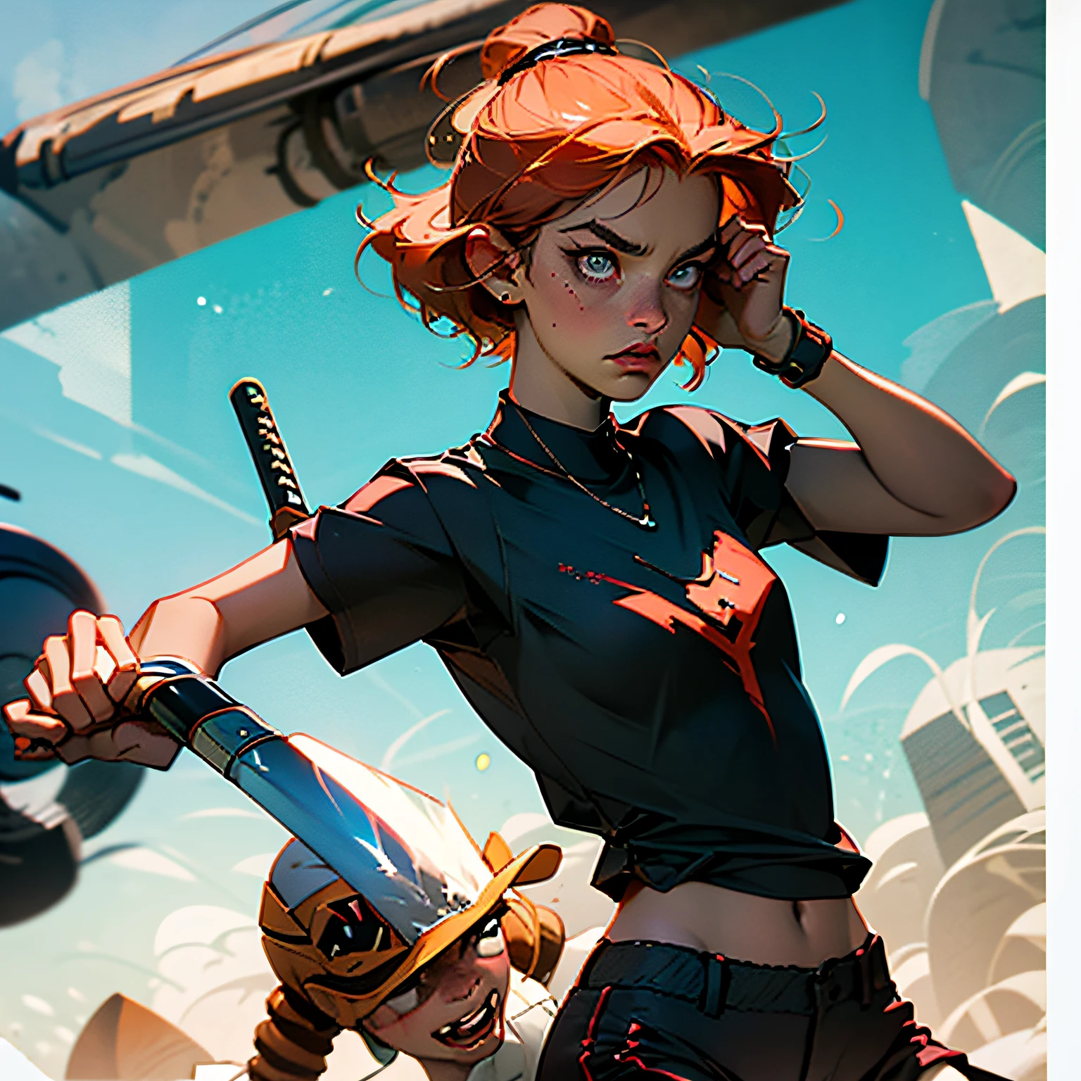 girl,orange short hair,whitet-shirt,Black shorts,Armed with a baseball bat,flatchest,A look of disdain --auto
