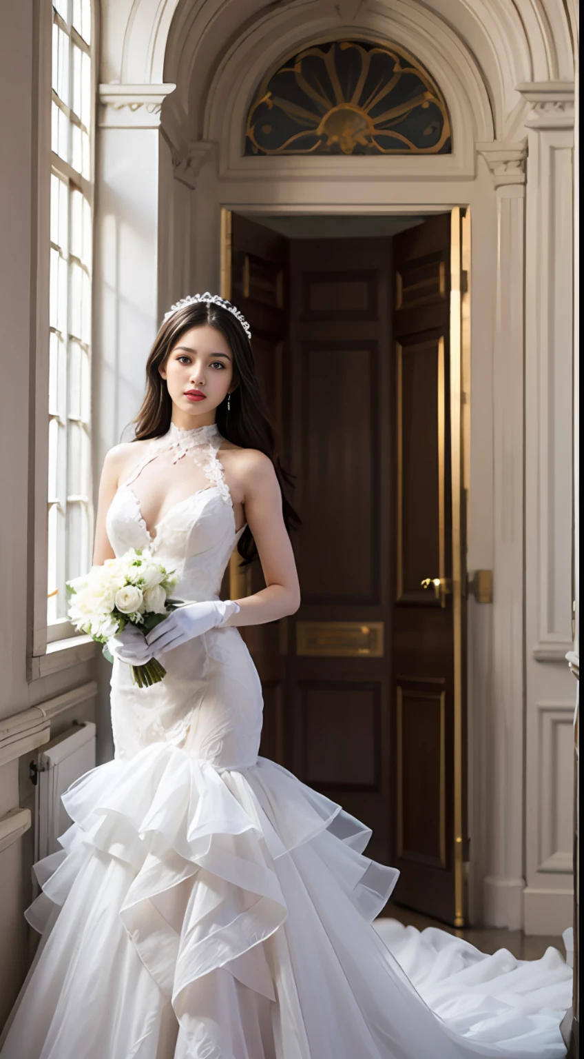 (White wedding dress),(Complex design:1.5),Long trailing,Clear gauze gloves,Sleeveless,Shoulderless,(tmasterpiece),(Best composition),(the detail:1.3),(One lady),(Wedding dress),a white choker,rnlong hair,perfectly proportioned,(Full body photo),(Happy),pose