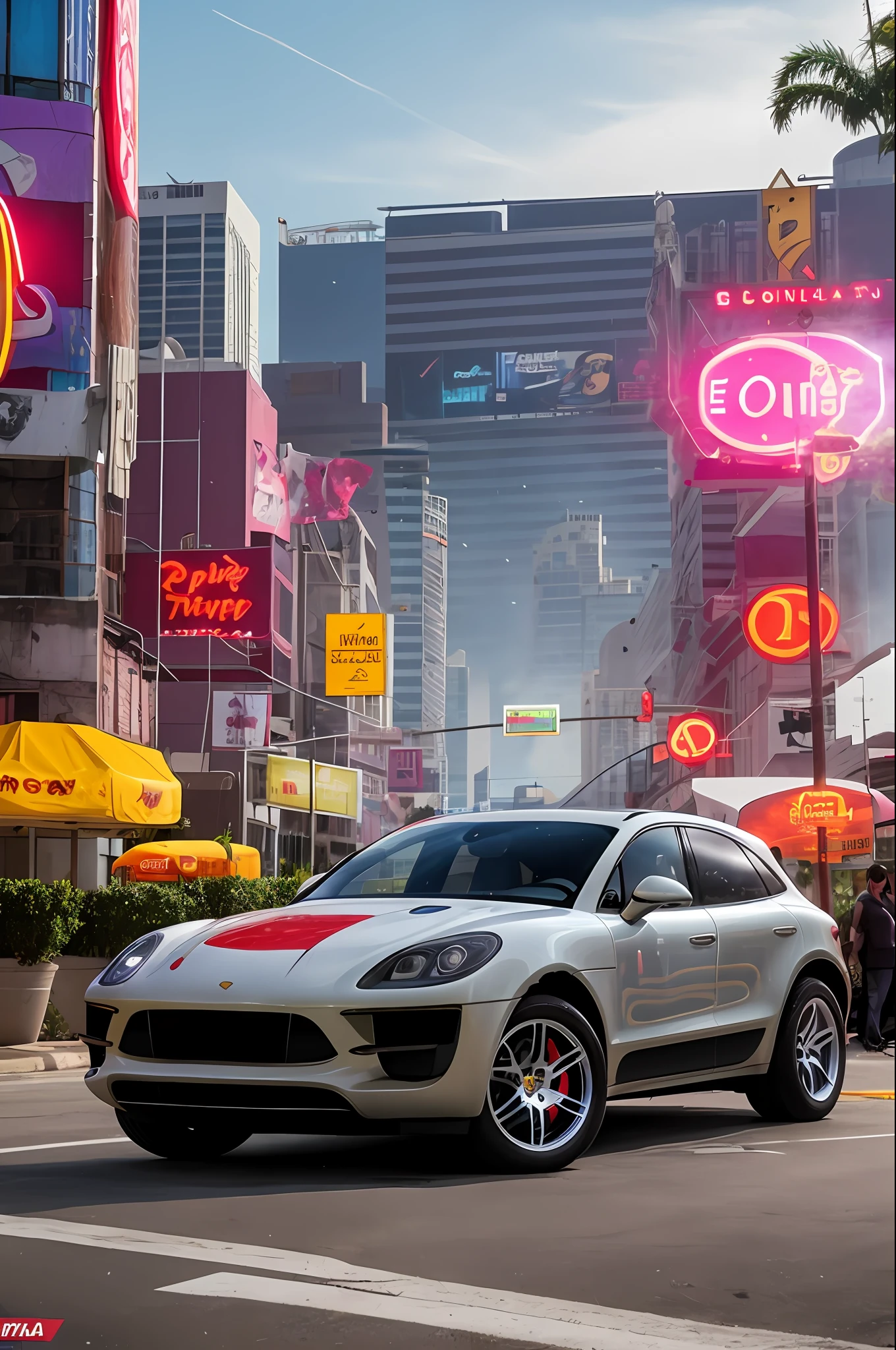 sunny day bright beautiful overcast sky sunset sports car ((PORCHE MACAN))running down cyberpunk Miami city streets neon signs and crowds confetti debris dust wind volumetric fog exciting epic action camera, (obra-prima: 1.2) (fotorrealista: 1.2) (Bokeh) (melhor qualidade) (pele detalhada ) (intricado) (8k) (HDR) (cinematic lighthing) (foco nítido)