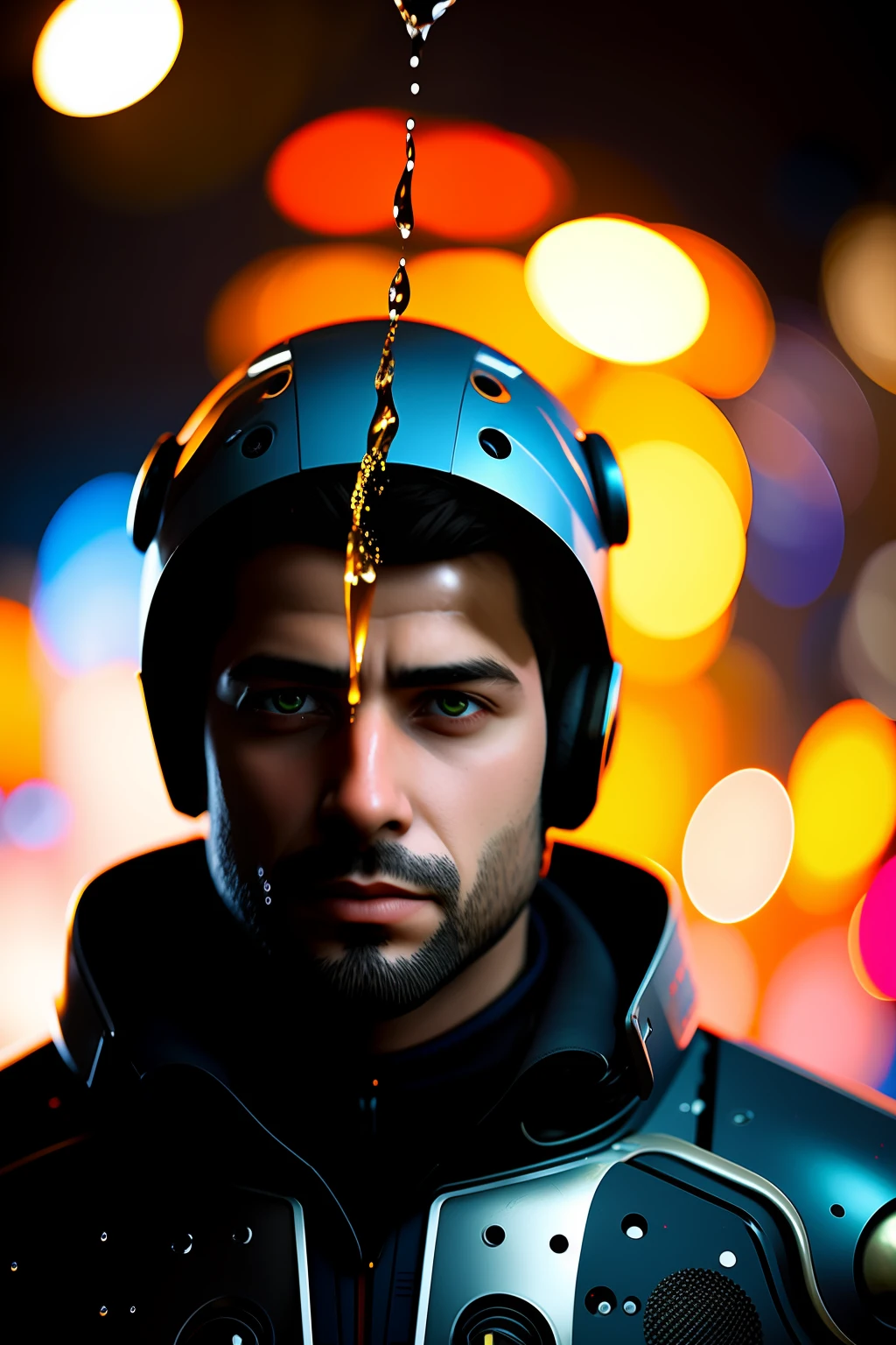Portrait of a handsome man in a used mechanical suit, ((bokeh claro)), intrincado, (steel metal [ferrugem]), elegante, foco nítido, foto de greg rutkowski, dark ilumination, cores vibrantes, obra-prima, ((ruas) ), face detalhada 8 k, 1 6 k (FRUITFUSION:0.31):(BRTDRPP:0.14):(LIQUID SPLASH:1.2)
