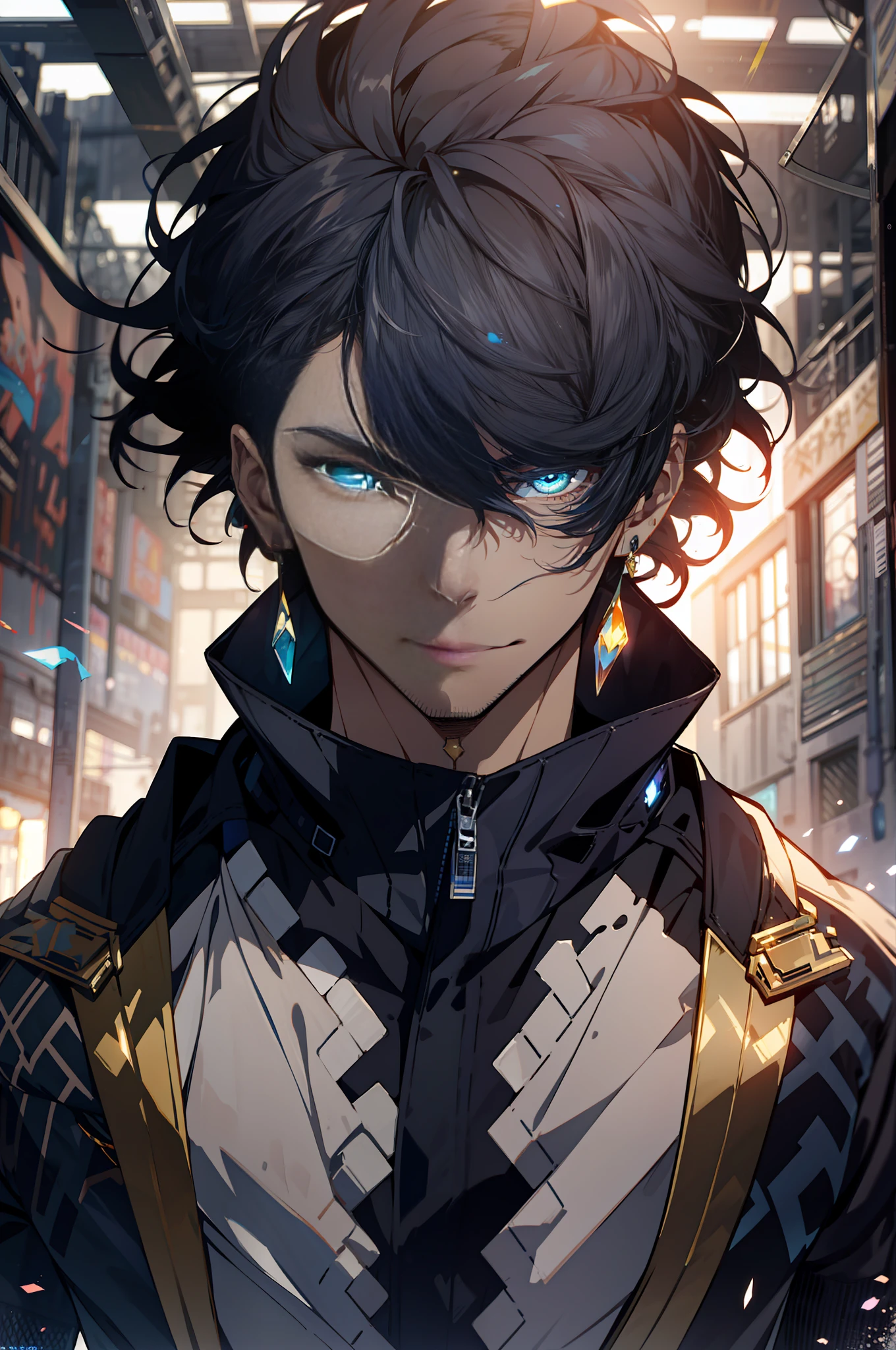 ，The front is handsome and clean design，Mature male epic Instagram，Colorful paint splashes，contours，Hyper-detailed intricate details，unreal-engine，，Complicated details，splash image，complementary colours，fantasy concept art，8K分辨率， tmasterpiece，oil painted，Heavy strokes，paint drips，(((A handsome young))), ( (glow blue eyes), ((Eyes have light))，, Indifferent expression\\),, ，(chest muscle) Two-dimensional masterpiece Maximum image quality 1080p Single black and blue long-haired boy, Messy hair, musculature, Earrings。Cold, half-body portrayal close-up, Clear face, clear and delicate eye description, Detailed face description, two-dimensional male correct facial features, correct eye proportions。 巨作, best qualityer, ultra  detailed，an extremely  delicate and beautiful, beautiful meticulous eyes, detailed light beautifully +Firefly 1boy robe shinelight  lighting particle, illustration.watercolor colorful beautifully painted --v 6