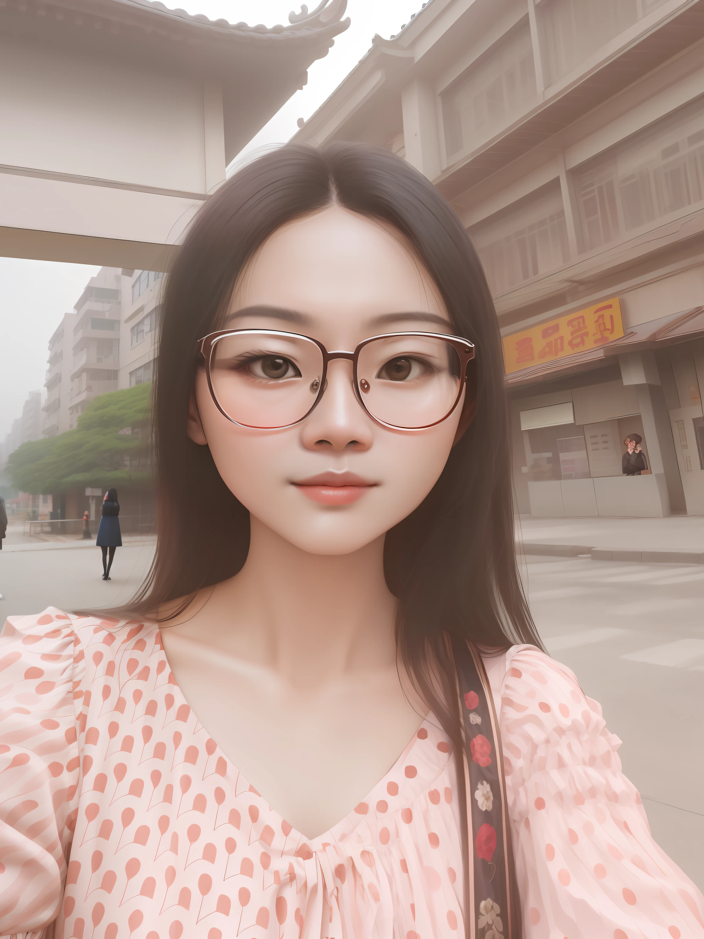 arafed woman wearing glasses and a polka dot dress standing in front of a building, 8k selfie photograph, wearing thin large round glasses, xintong chen, Li Zixin, wenfei ye, wearing small round glasses, zeng fanzh, yanjun cheng, chengyou liu, 2 , pengzhen zhang, jinyiwei, With glasses