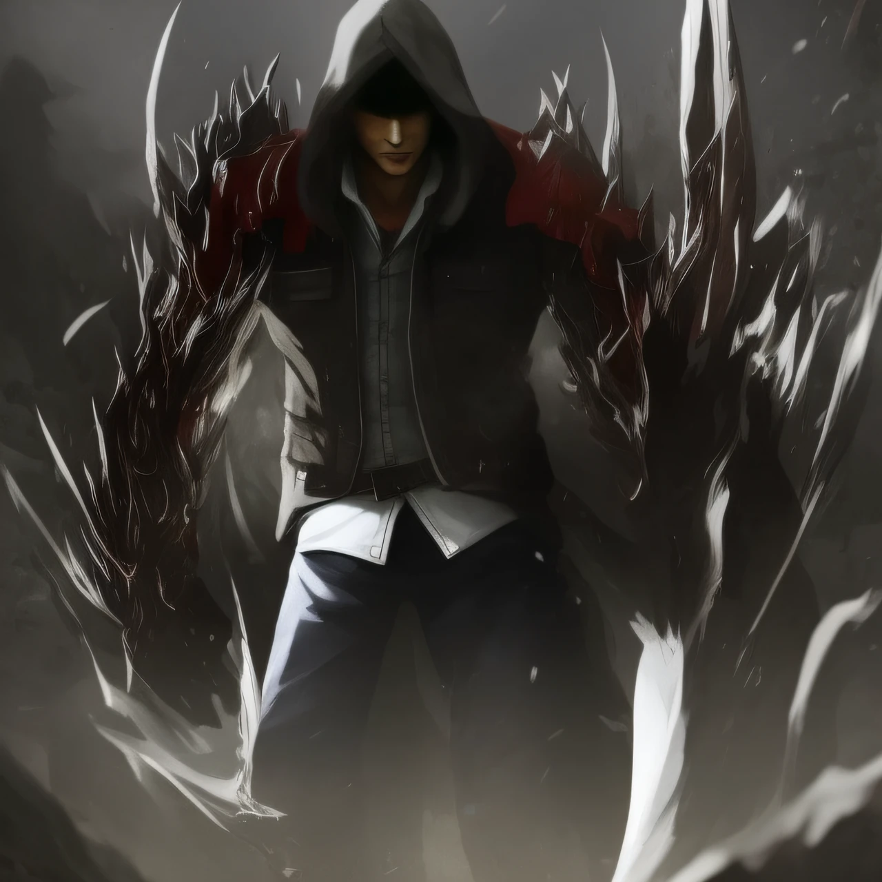 arafed image of a man with a hoodie and a hoodie on, fromsoftware, Devil May Cry, from software game, killy from blame!, the evil within monster, dark high-contrast concept art, an edgy teen assassin, Anime epic artwork, 2b, 2 b, the reaper as a scary, cover game art, Badass anime 8 K