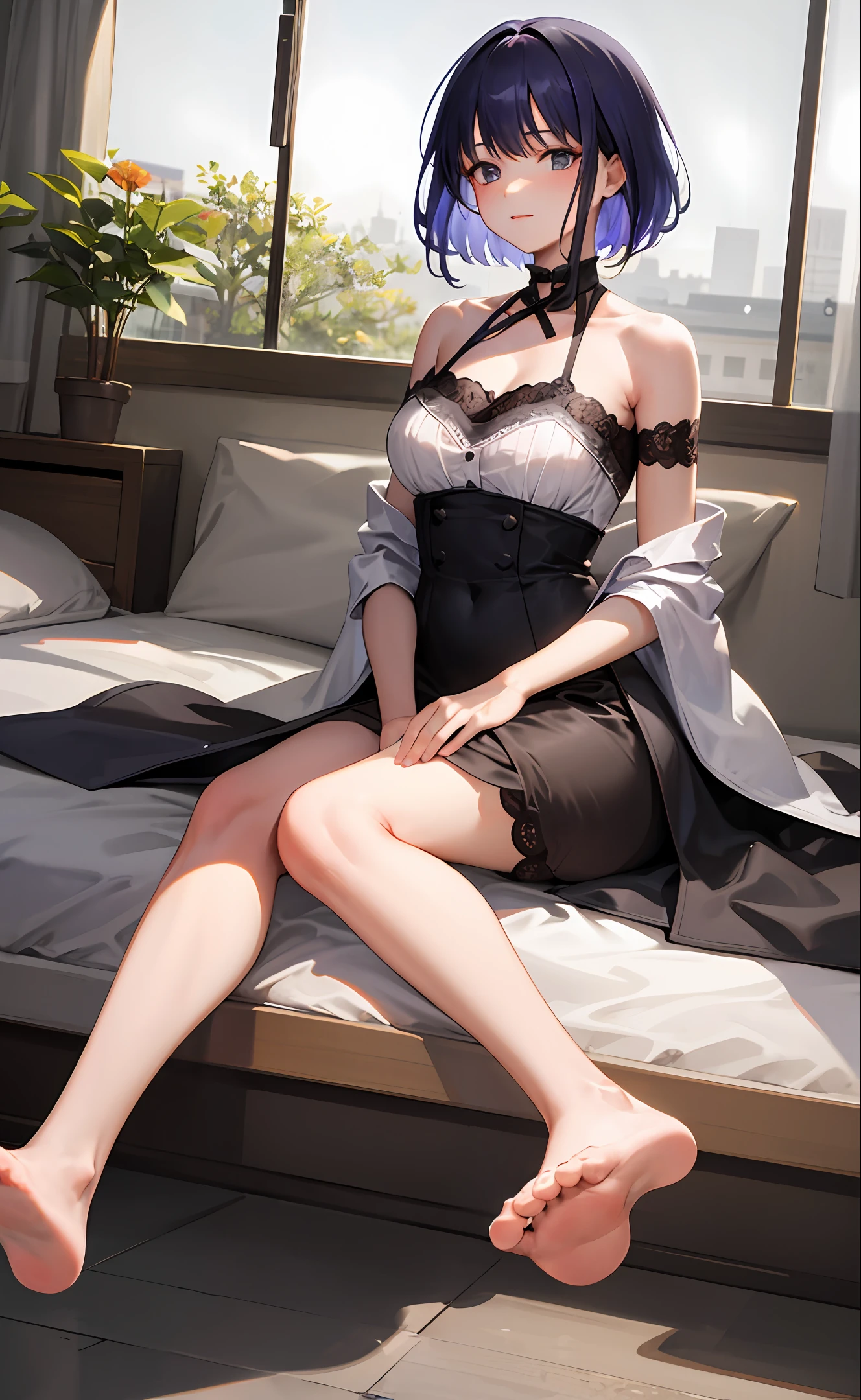 Raiden General Mature Woman Looking at the audience with the soles of their feet facing the camera Sitting on the bed Black silk