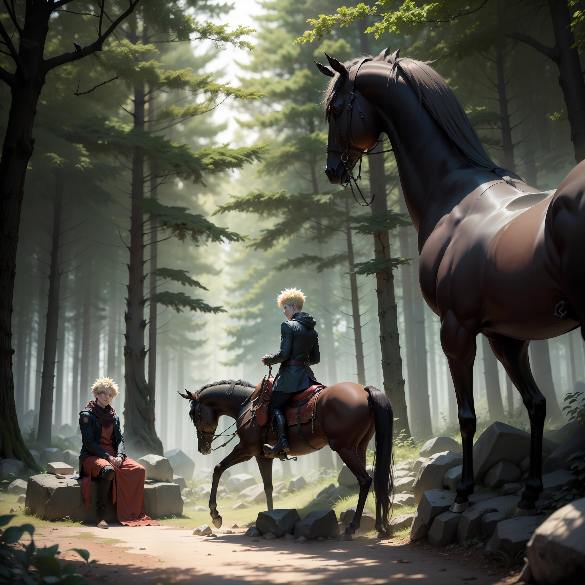 Katsuki Bakugo hidden behind the stone with a black horse in the forest. --auto