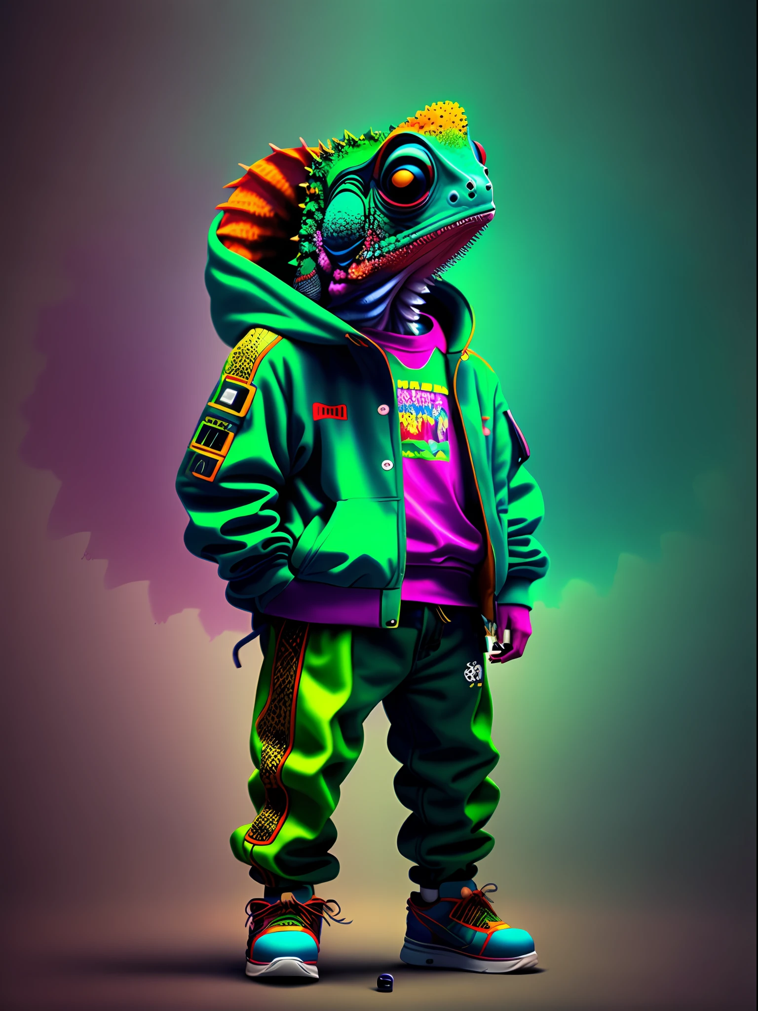 Image of a chameleon standing, wearing hip-hop style clothes, speakers, 90s style