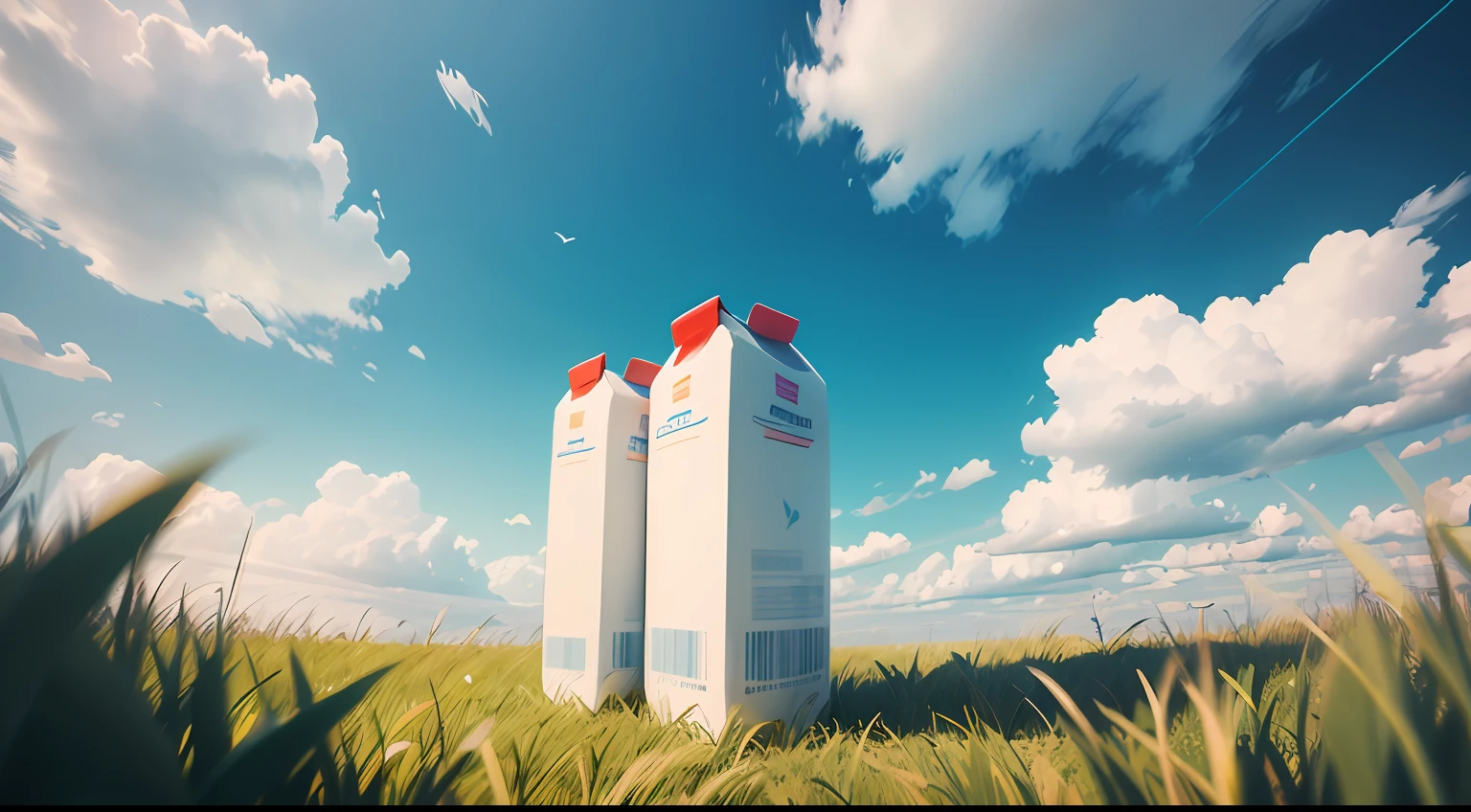 Milk cartons stand tall in the grass,Cows and blue sky and white clouds in the background,low-angle shot,best qualtiy,HD8K,Soft lines,low-angle shot,OC renderer,
C4D,best qualtiy --auto