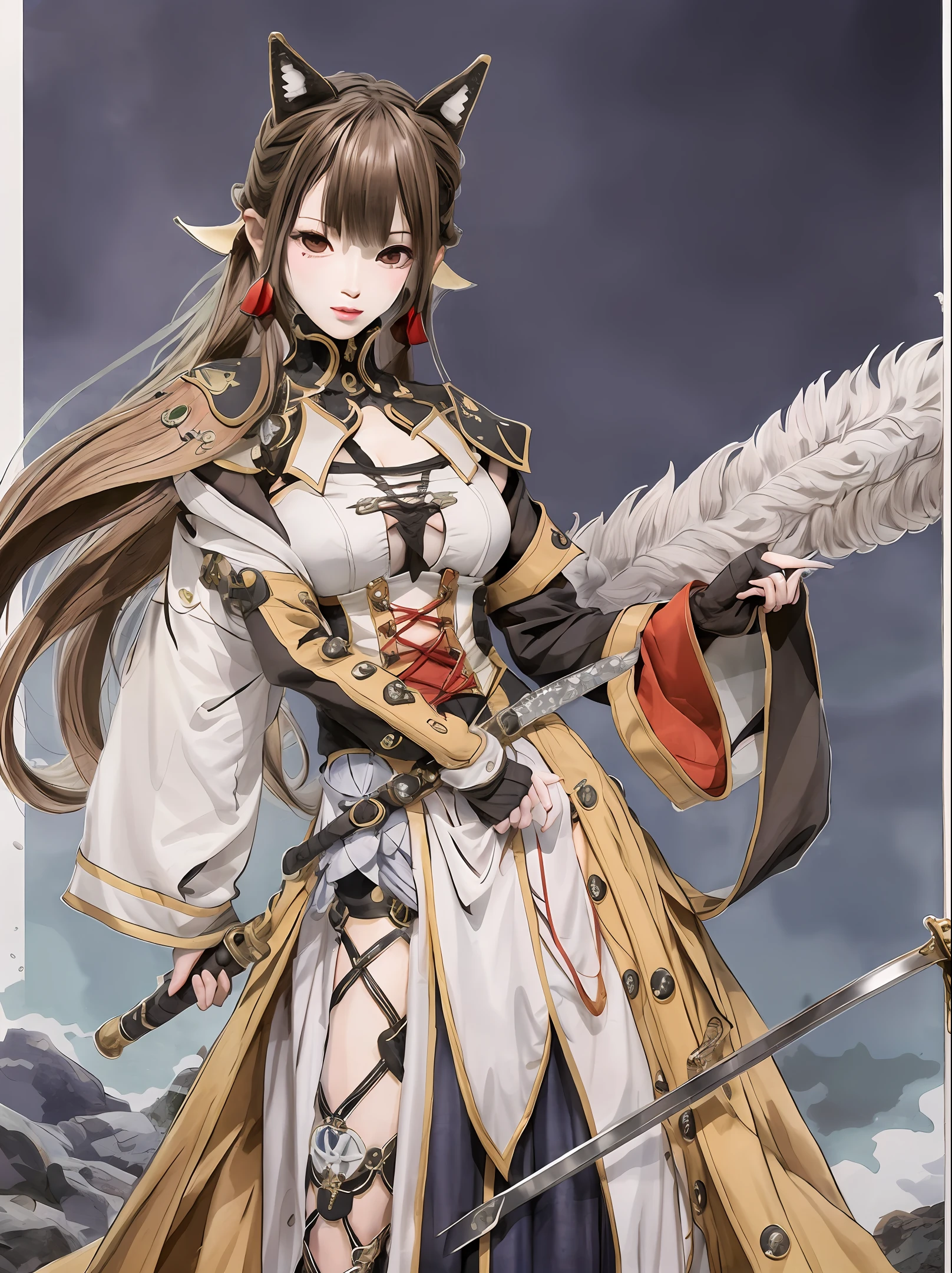 female pervert，Height 1.6 meters，period costume，holdingsword，Ink wind，Foxtail