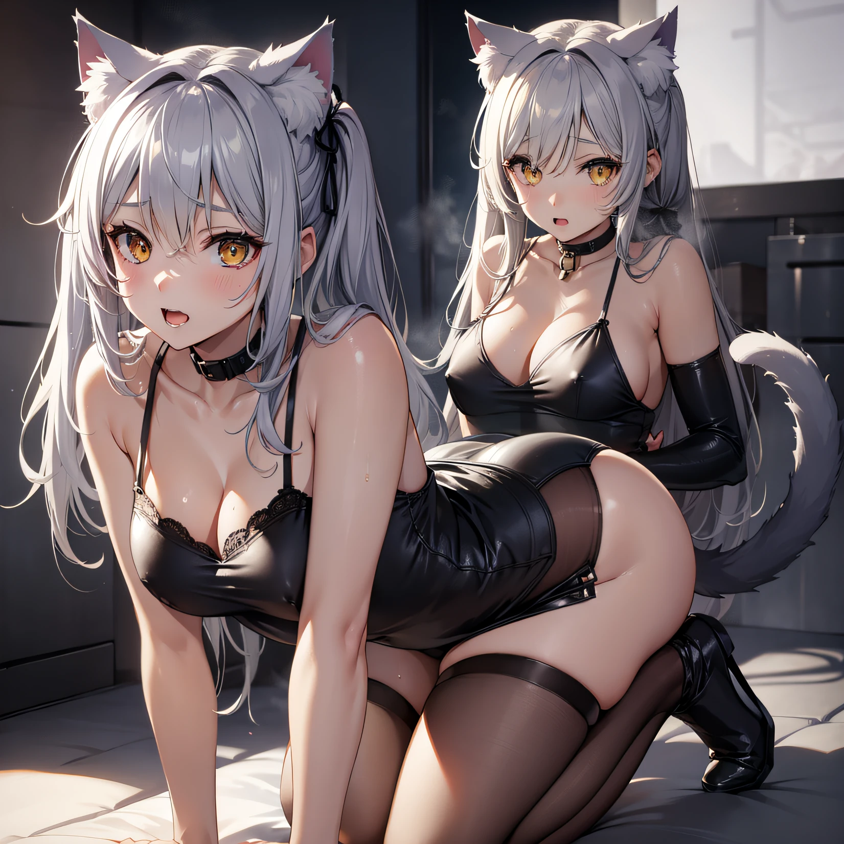 school girl, cat girl, white hair, anime girl, cute anime girl, blush, school swimsuit, fluffy tail, eye elevation, long hair, white cat ear, tied swimsuit, medium , --auto