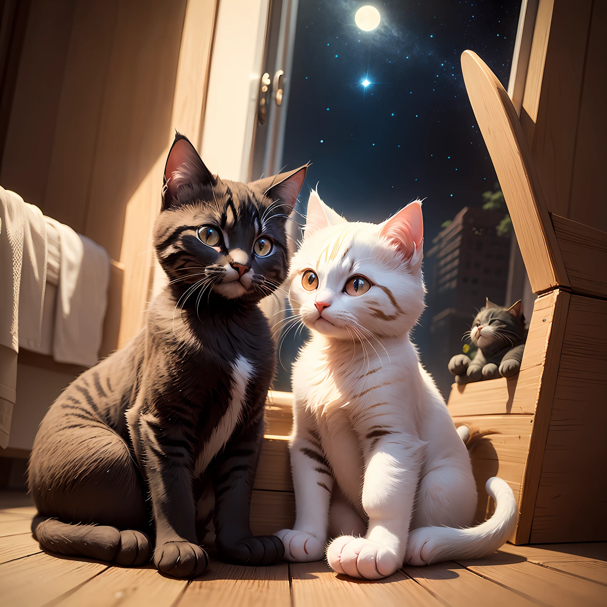 baby cats，starrysky，play，adolable，rays of moonlight，The details are clear --auto