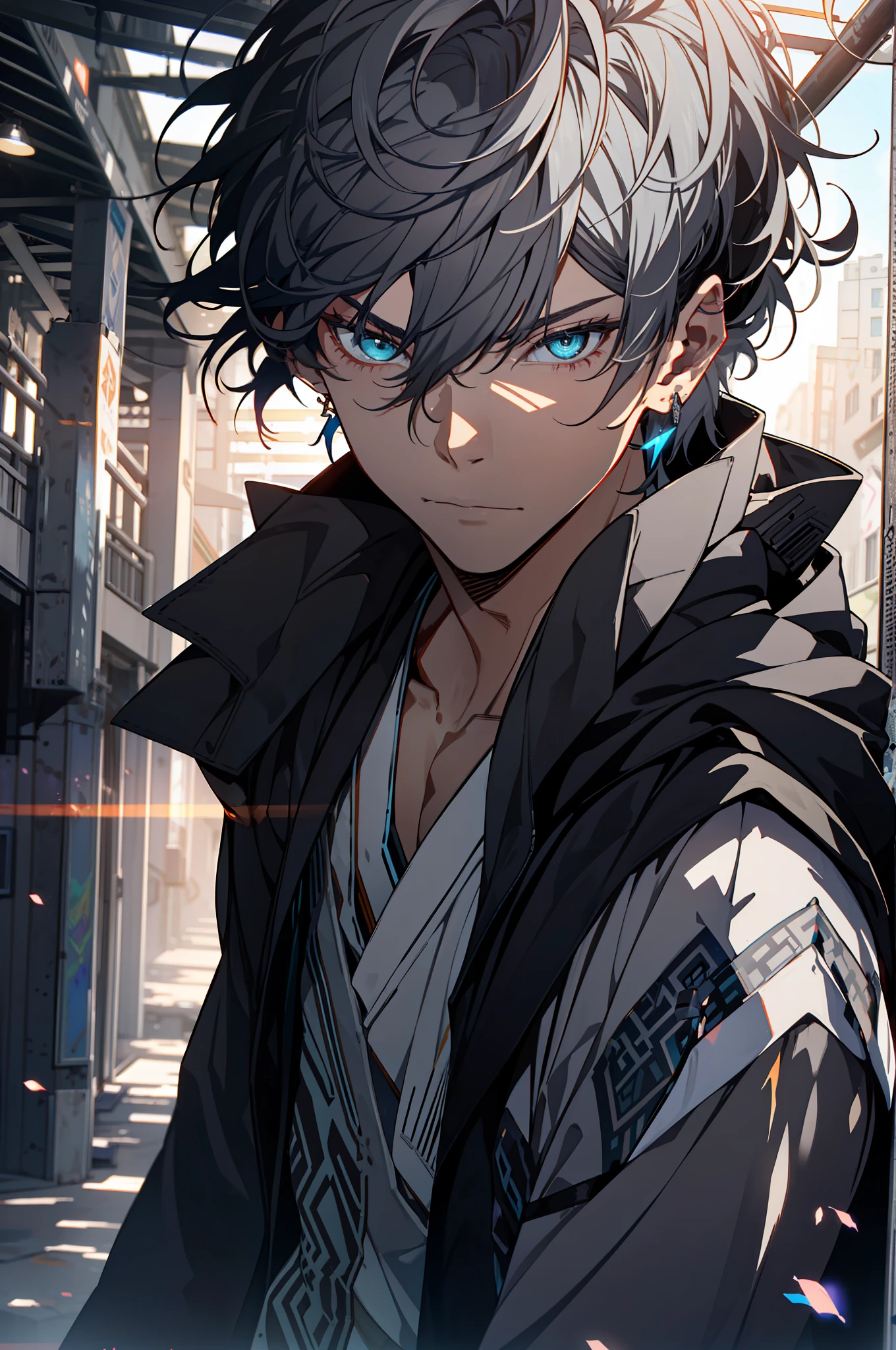 ，Clean design，Mature male epic Instagram，art  stations，Colorful paint splashes，contours，Hyper-detailed intricate details，unreal-engine，fanciful，Complicated details，splash image，complementary colours，fantasy concept art，8K分辨率，A masterpiece of deviantart，oil painted，Heavy strokes，paint drips，（Isolate on a white background：1.3），Rainbow skins，(((A handsome young))), ( (glow blue eyes), ((Eyes have light))，((((Short gray hair:1.1))), ((black-clad)), Indifferent expression\\),, (((Wearing a luxurious black robe with high details))), A head of white hair，(chest muscle) Two-dimensional masterpiece Maximum image quality 1080p Single black and blue long-haired boy, Messy hair, musculature, Earrings。handsome, Cold, half-body portrayal close-up, Clear face, clear and delicate eye description, Detailed face description, two-dimensional male correct facial features, correct eye proportions。 巨作, best qualityer, ultra  detailed，an extremely  delicate and beautiful, beautiful meticulous eyes, detailed light beautifully +Firefly 1boy robe shinelight  lighting particle, illustration.watercolor colorful beautifully painted --v 6