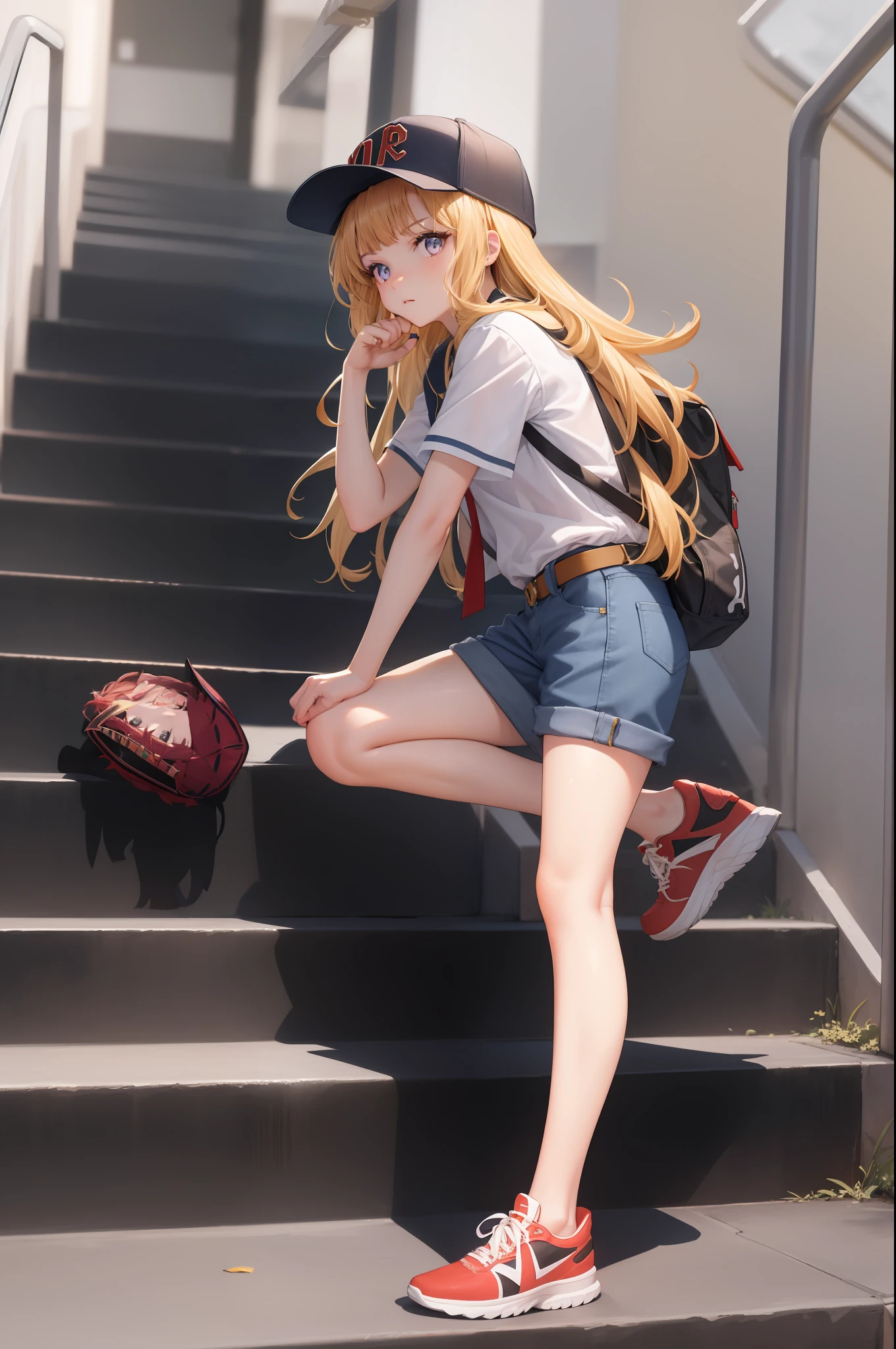 tmasterpiece，Best quality at best，absurd res，Perfect anatomy，1girl，独奏，Cagliostro，rnlong hair，baseball cap，T 恤，denim short，Bare legged，sitted，stairways，exteriors，城市，athletic sneakers，From the side Side