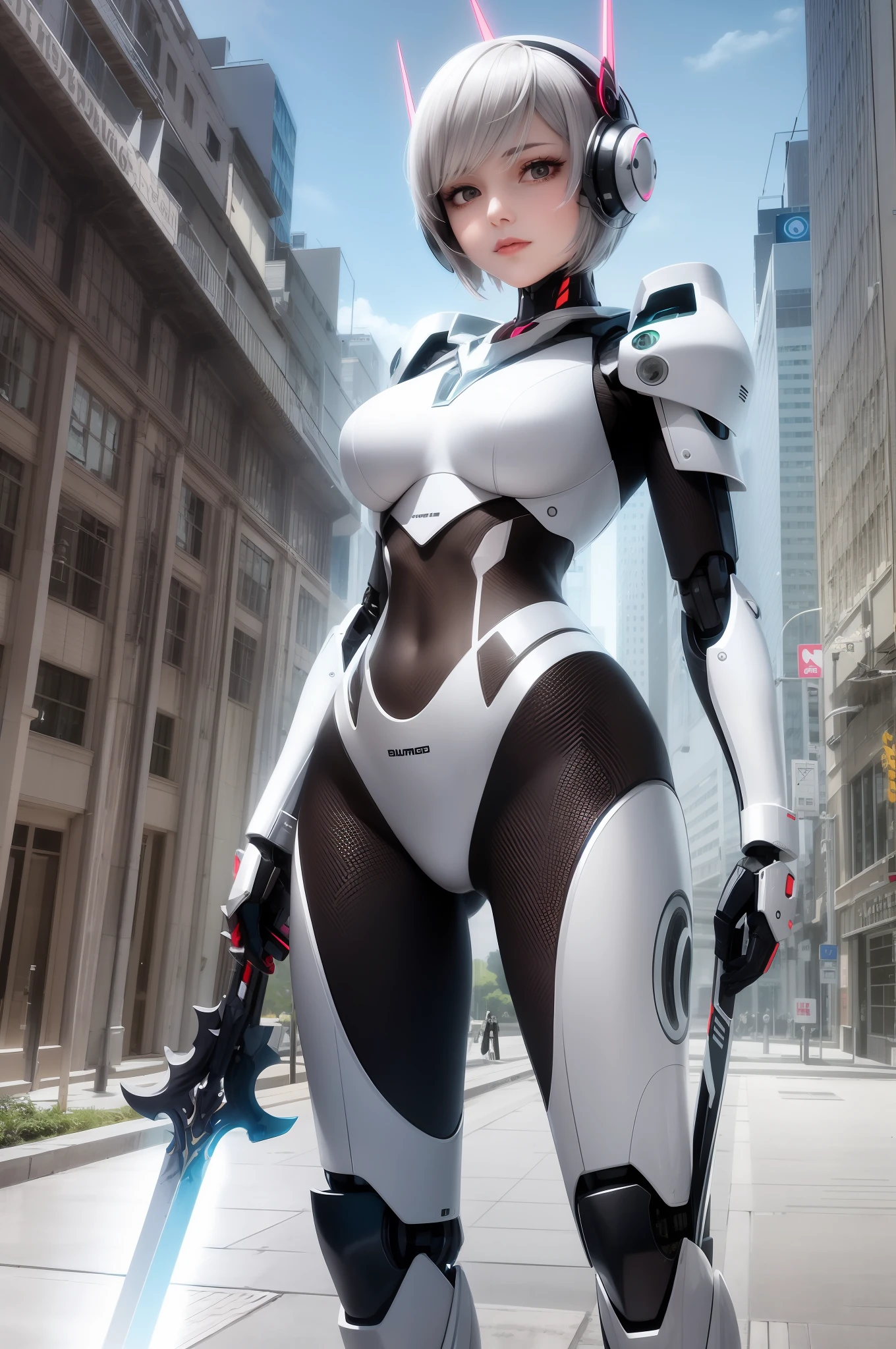 arafed woman in a futuristic suit holding a sword and a sword, Cute cyborg girl, Girl in Mecha Cyber Armor, beutiful white girl cyborg, gynoid cyborg body, perfect android girl, Perfect Anime Cyborg Woman, beautiful girl cyborg, Cyborg girl, cyborg - girl with silver hair, armor girl, beautiful alluring female cyborg