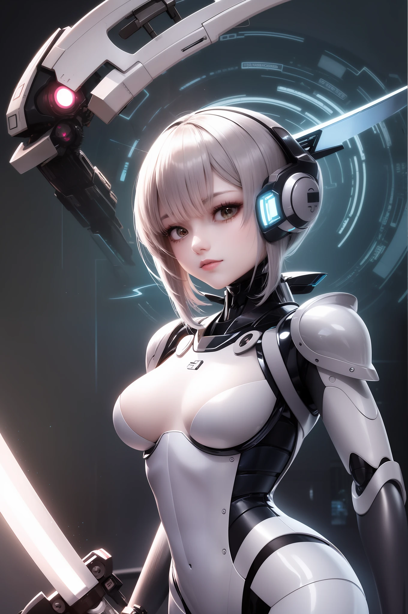 arafed woman in a futuristic suit holding a sword and a sword, Cute cyborg girl, Girl in Mecha Cyber Armor, beutiful white girl cyborg, gynoid cyborg body, perfect android girl, Perfect Anime Cyborg Woman, beautiful girl cyborg, Cyborg girl, cyborg - girl with silver hair, armor girl, beautiful alluring female cyborg