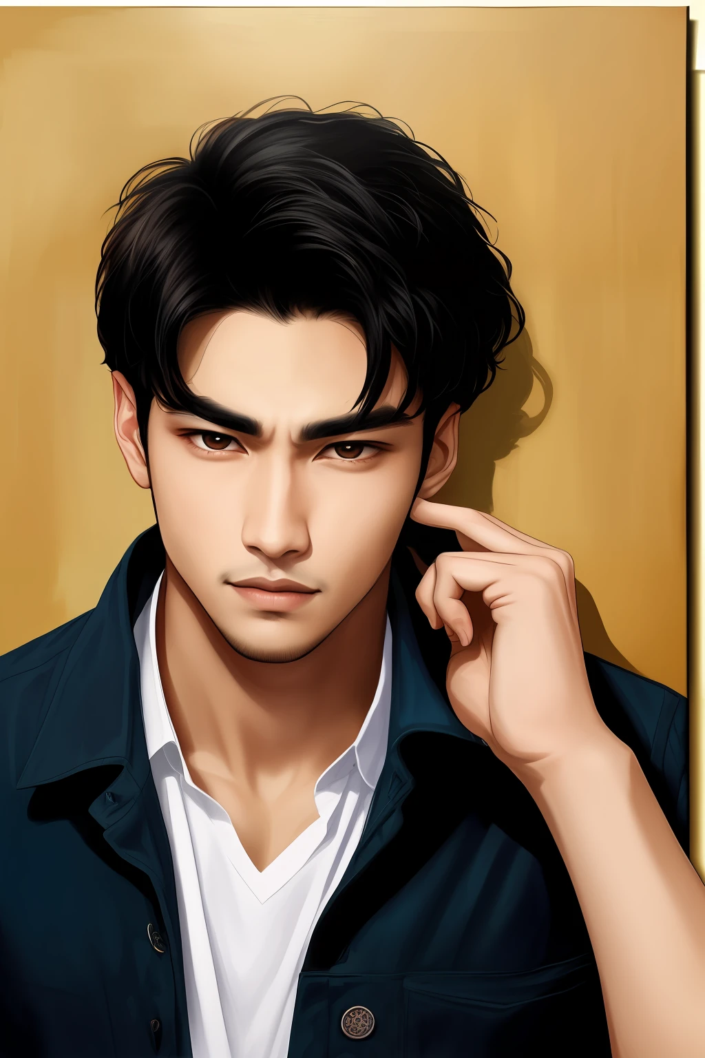 1male people，Brown skin，Black hair，Masculine and handsome face，Delicate nose，Details of the hand，Huge bo，Red eyes，Thick eyebrows，The expression is shy，The best painting quality，cg