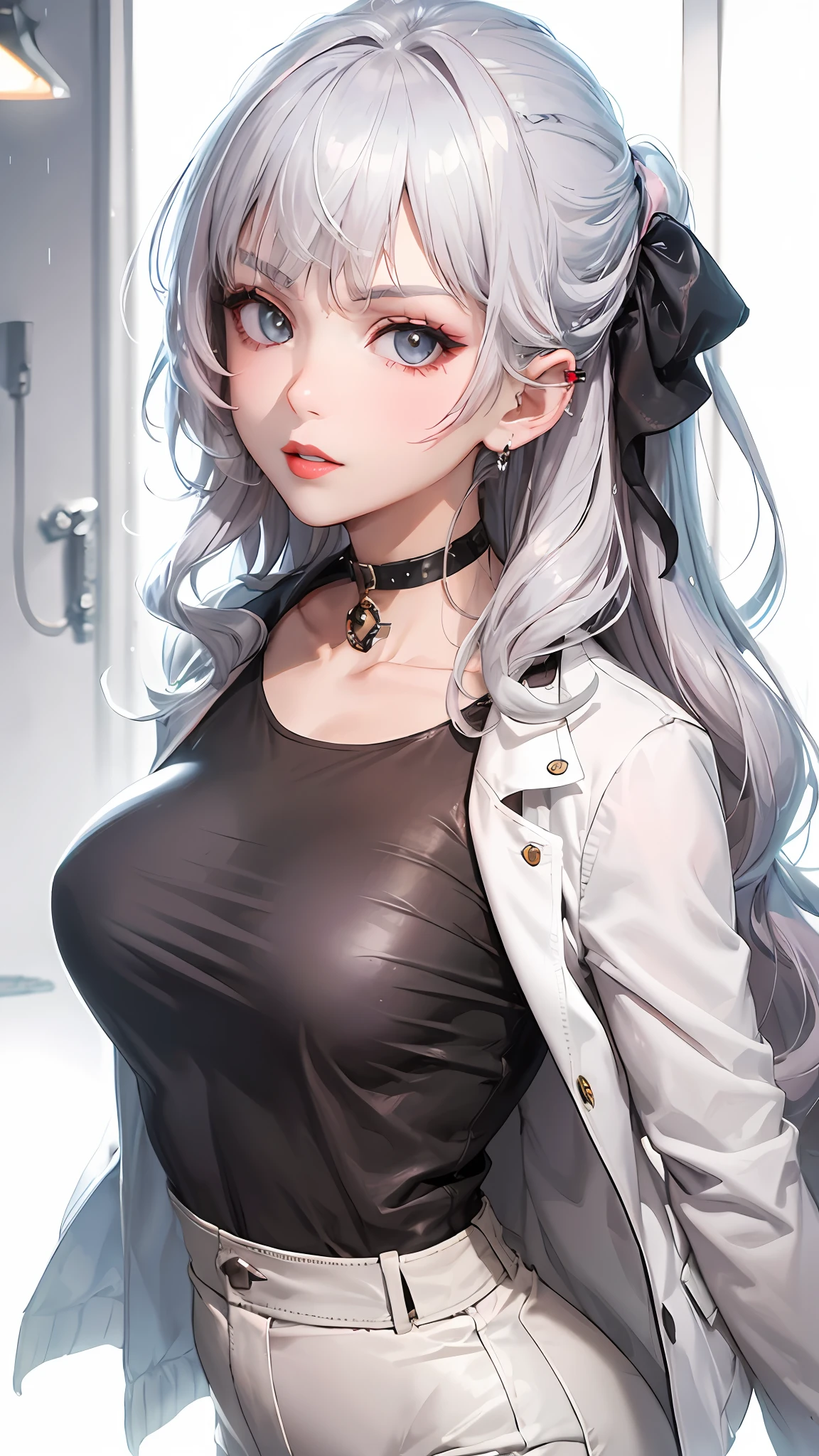 lucy \(cyberpunk\), 1girl, hair scrunchie, hime cut, silver hair, colored tips, full moon, grey eyes, jacket, long sleeves, looking at viewer, medium hair, multicolored hair, parted bangs, parted lips, pink hair, portrait, red eyeliner, red lips, solo, white jacket, cyberpunk \(series\), rainy night in a cyberpunk city with glowing neon lights
