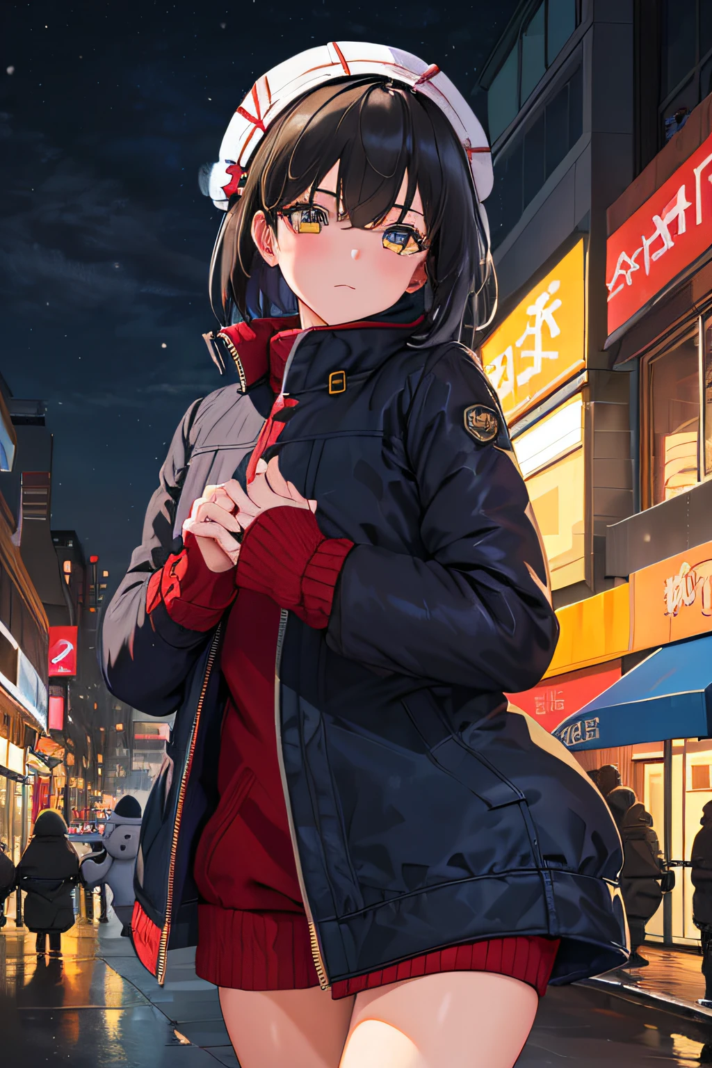 1girl, Night City, rain, coat, hands in pockets