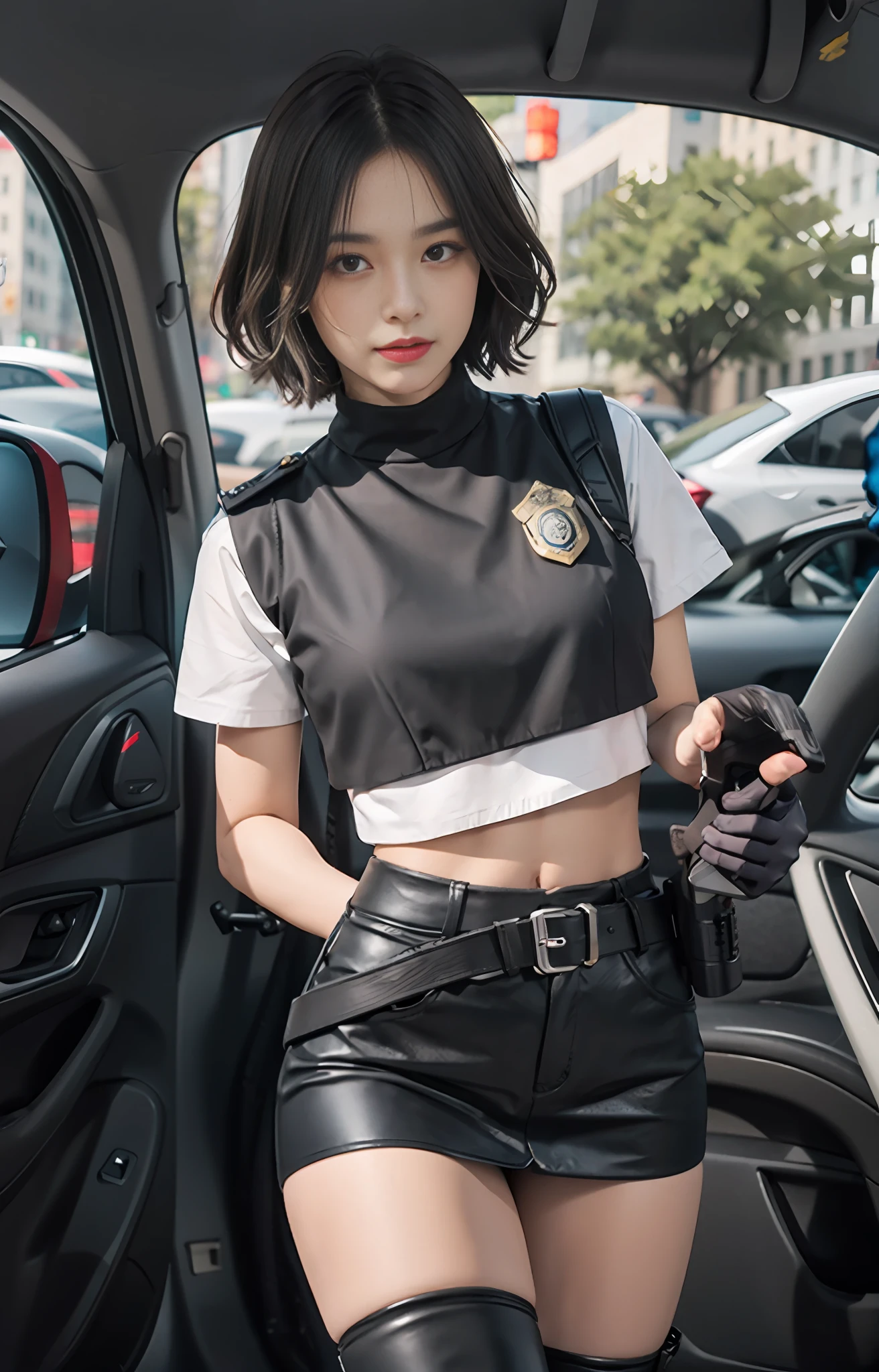 offcial art,the Extremely Detailed CG Unity 8K Wallpapers,best qualtiy,tmasterpiece,A high resolution,Pretty Girl Criminal Police,bob-cut hair,Black crop top vest,Brown belt,Pistol holster on the thigh,hand gun,Body armor,Tactical gloves,Black miniskirt,Police uniform style,Black long-barreled flat boots,Police badge on the chest,Police cars are