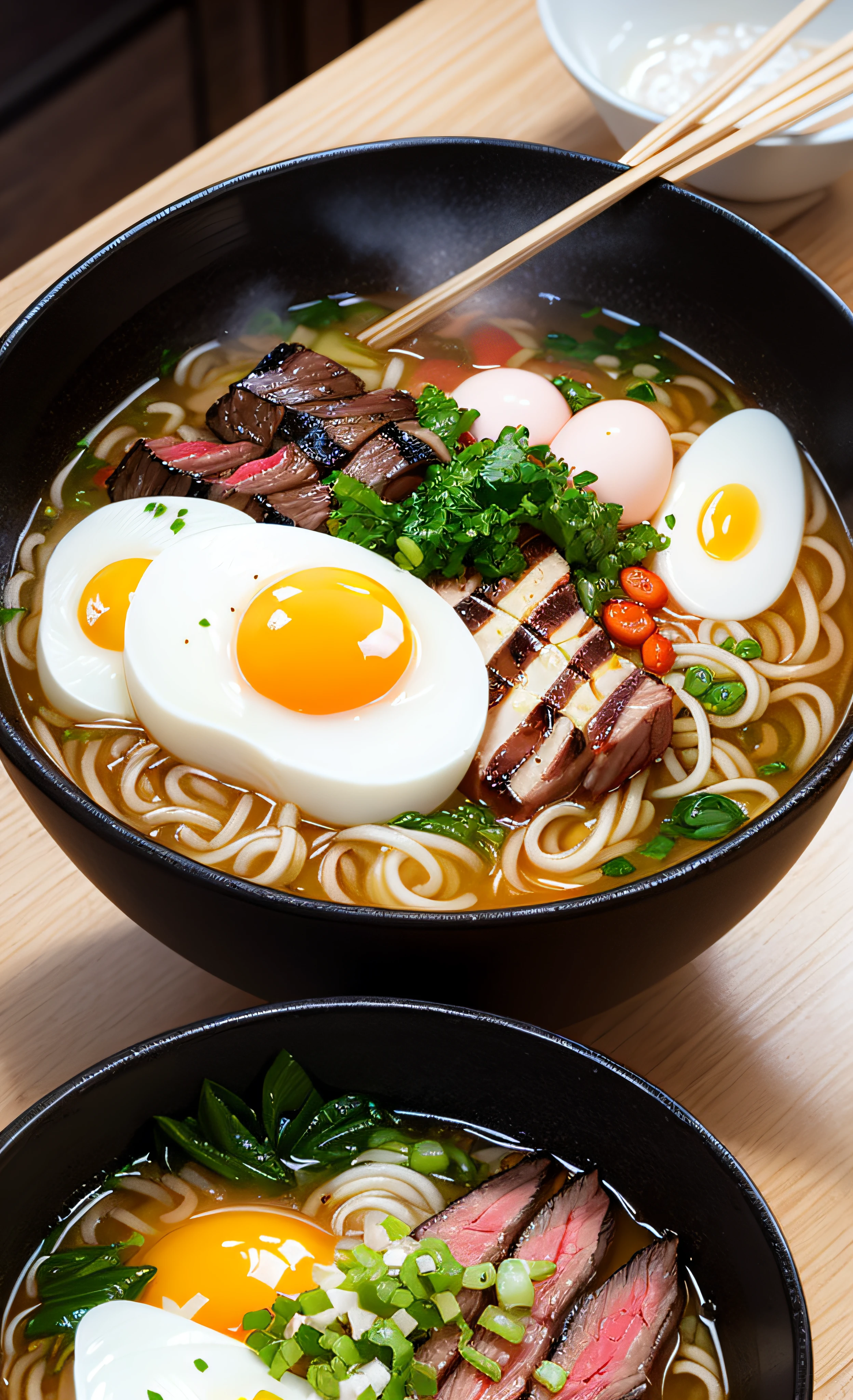 ultra detailed 8k cg, Japanese ramen, chopsticks, egg, steam, steak