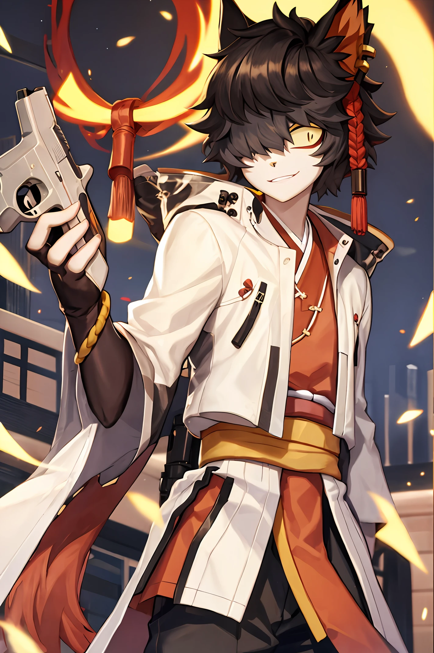 Kimono boy scar half-naked with gun at waist