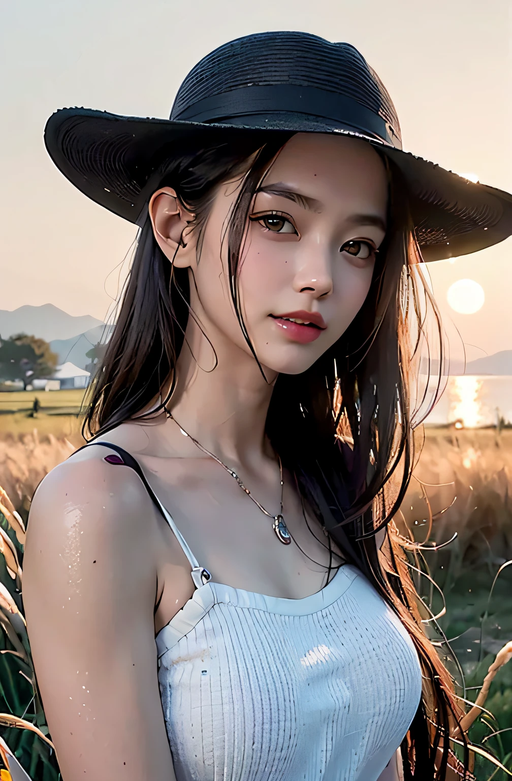 best qualtiy、masterpiece、photoRealstic、intricate-detail、Raw foto、Photon Rendering、Octane Rendering、absurderes、ultra-detailliert、A detailed face、Detailed skin、Trending in art stations、8K Masterpiece、lighting like a movie、( (1girl in))、((独奏) ))、((Behold))、CG Social Trends、Plastic En、((Black Long Hair))、((Beautuful Women))、(A smile)、show the grinps、Upper teeth、Fashionable、summer clothing、Hair that flutters in the wind、((Flowing hair))、fashion magazine、A sexy、Ecstatic、((lighting like a movie))、((grass field))、((the setting sun))、((evening glow))、Hats、Refreshing、