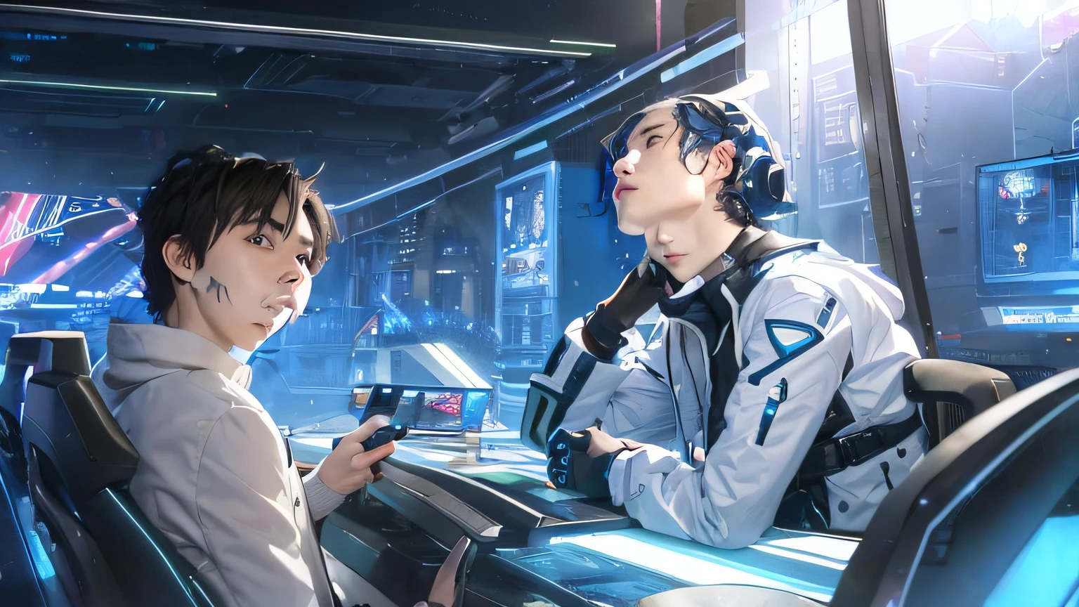 2 guys, the left guy has (blue short hair)(blue eyes)(gentle and sunshine face), the right guy has (green eyes, white long curly hair) (handsome and enchanting face), only 2 characters, no other people.
