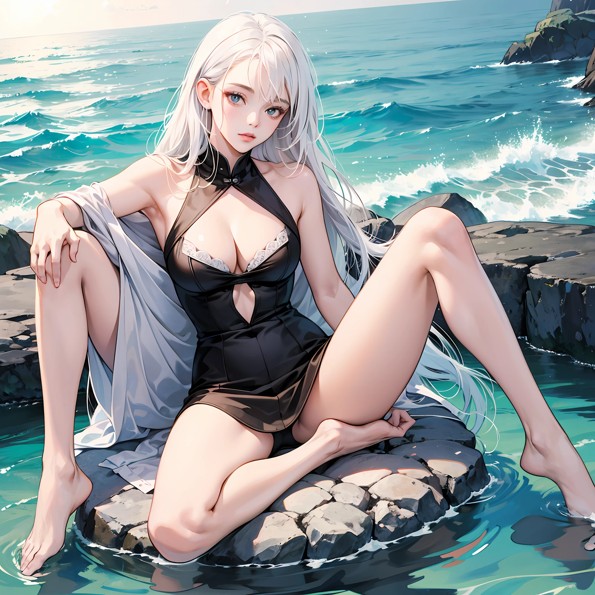 A high resolution，spread their legs，Slr，1girl，primitive，（真实感：1.1），closeup cleavage，HDR，iintricate，8k，sharp，High and delicate lips，White hair，high qulity，pantyless，Unoccluded，The background is the sea， --auto