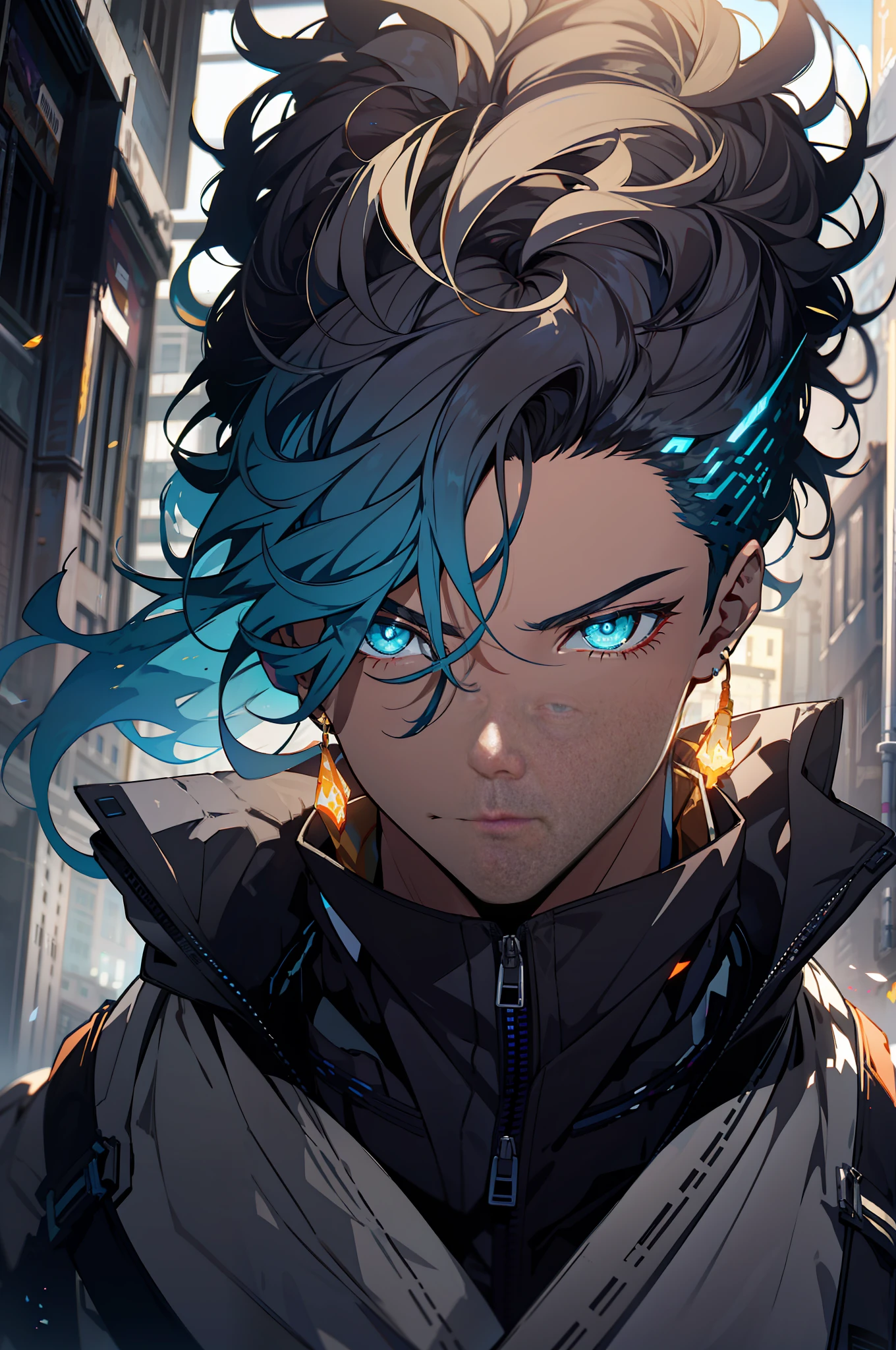 ,The front is handsome and clean design,Mature male epic Instagram,Colorful paint splashes,contours,Hyper-detailed intricate details,unreal-engine,,Complicated details,splash image,complementary colours,fantasy concept art,8K分辨率, tmasterpiece,oil painted,Heavy strokes,paint drips,(((A handsome young))), ( (glow blue eyes), ((Eyes have light)),, Indifferent expression\\),, ,(chest muscle) Two-dimensional masterpiece Maximum image quality 1080p Single black and blue long-haired boy, Messy hair, musculature, Earrings。Cold, half-body portrayal close-up, Clear face, clear and delicate eye description, Detailed face description, two-dimensional male correct facial features, correct eye proportions。 巨作, best qualityer, ultra detailed,an extremely delicate and beautiful, beautiful meticulous eyes, detailed light beautifully +Firefly 1boy robe shinelight lighting particle, illustration.watercolor colorful beautifully painted --v 6