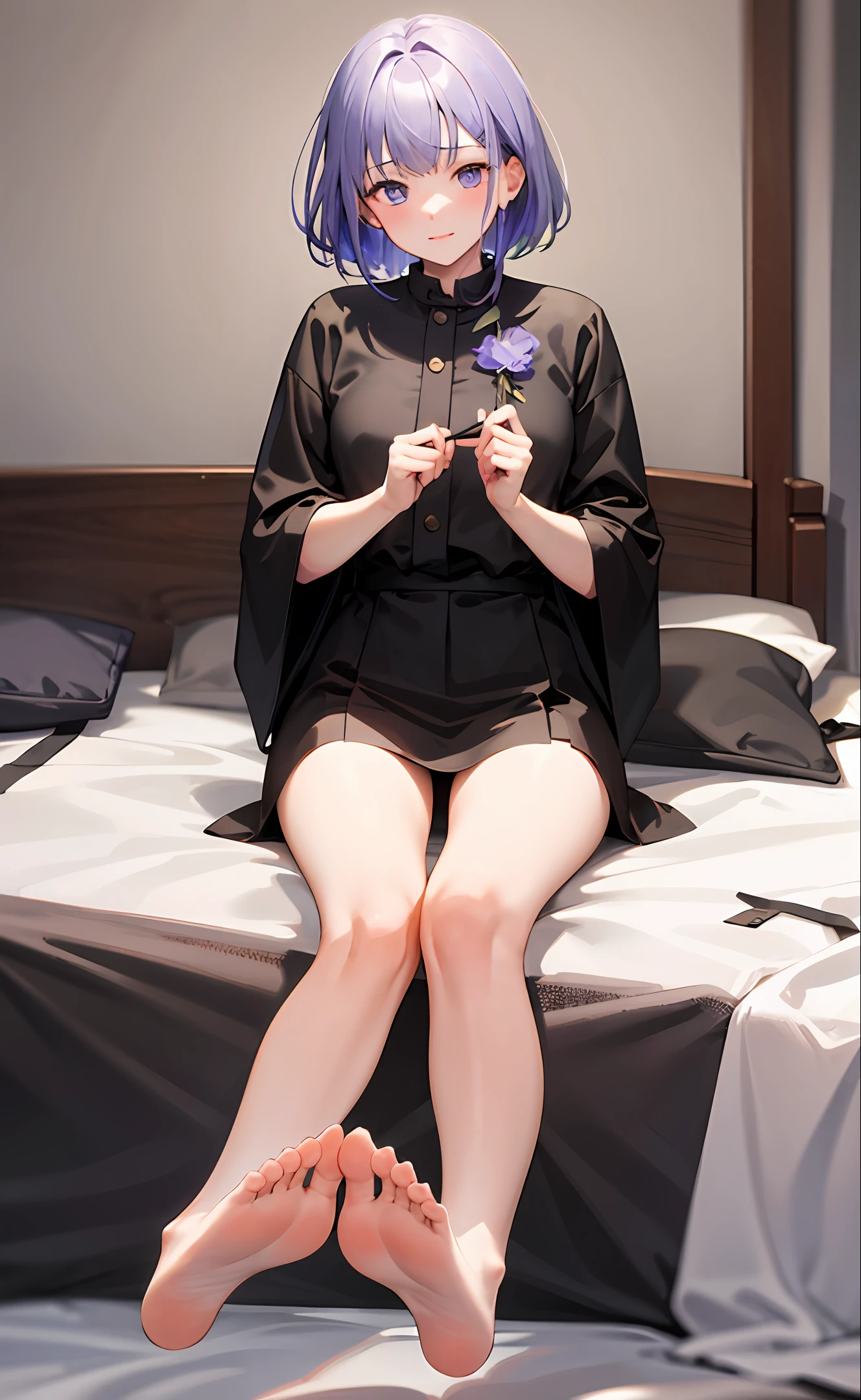 Raiden General Mature Woman Looking at the audience with the soles of their feet facing the camera Sitting on the bed Black silk