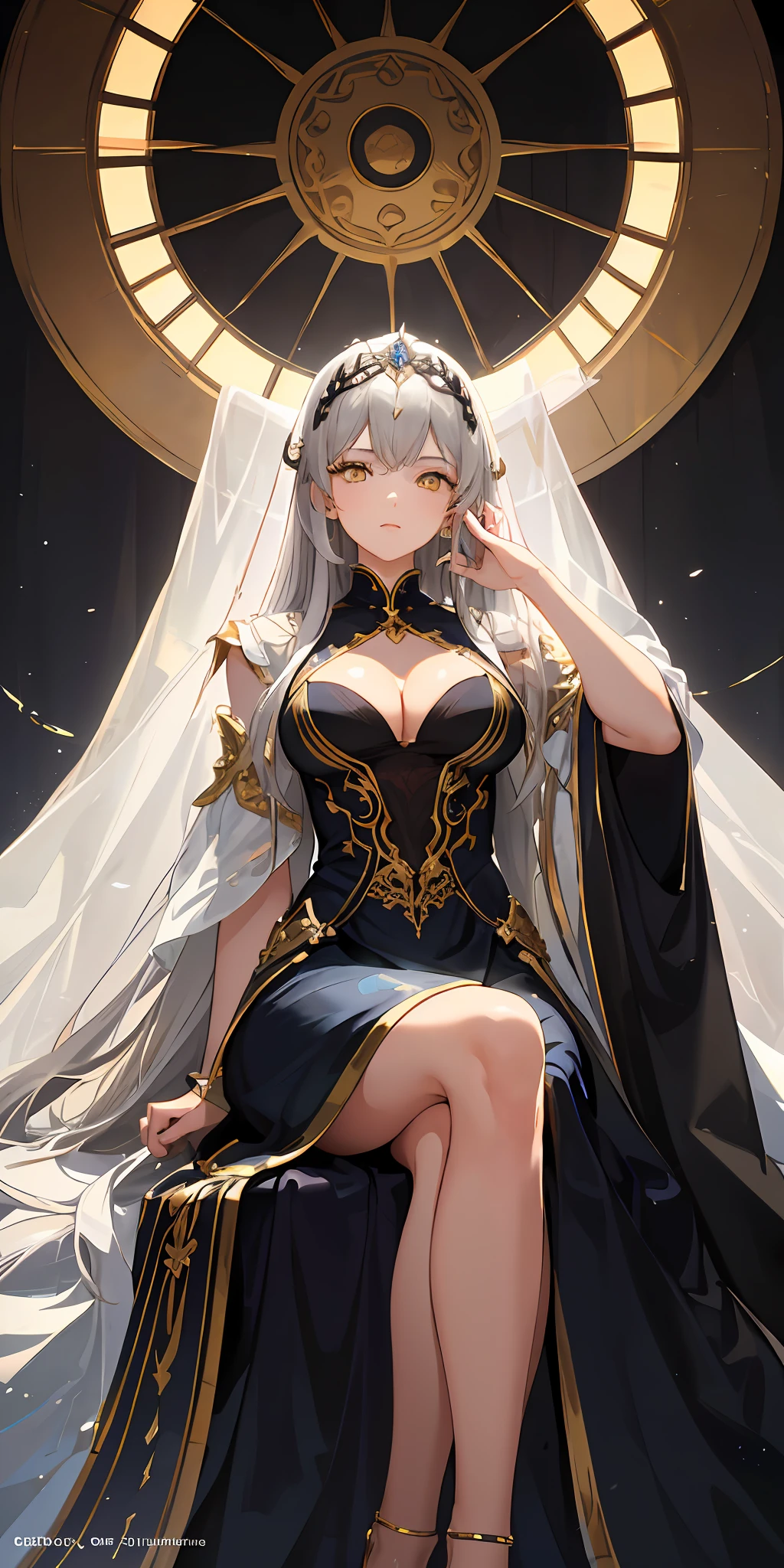 (Masterpiece:1.2), best quality, (illustration:1.2), (ultra-detailed), hyper details, (delicate detailed), (intricate details), (cinematic light, best quality Backlights), clear line, from below, solo female,perfect bodies,(1girl),Gray hair and yellow eyes,(the emperor,Black see-through garment),(tiara crown:1.1),sitting on an royal throne,Close your eyes slightly,Bowing the head,Bowing the head,(shylily:1.2 ), ((makeup)), High contrast, (best illumination, an extremely create and beautiful), ((cinematic light)), Bright colors,big breasts exposed cleavage