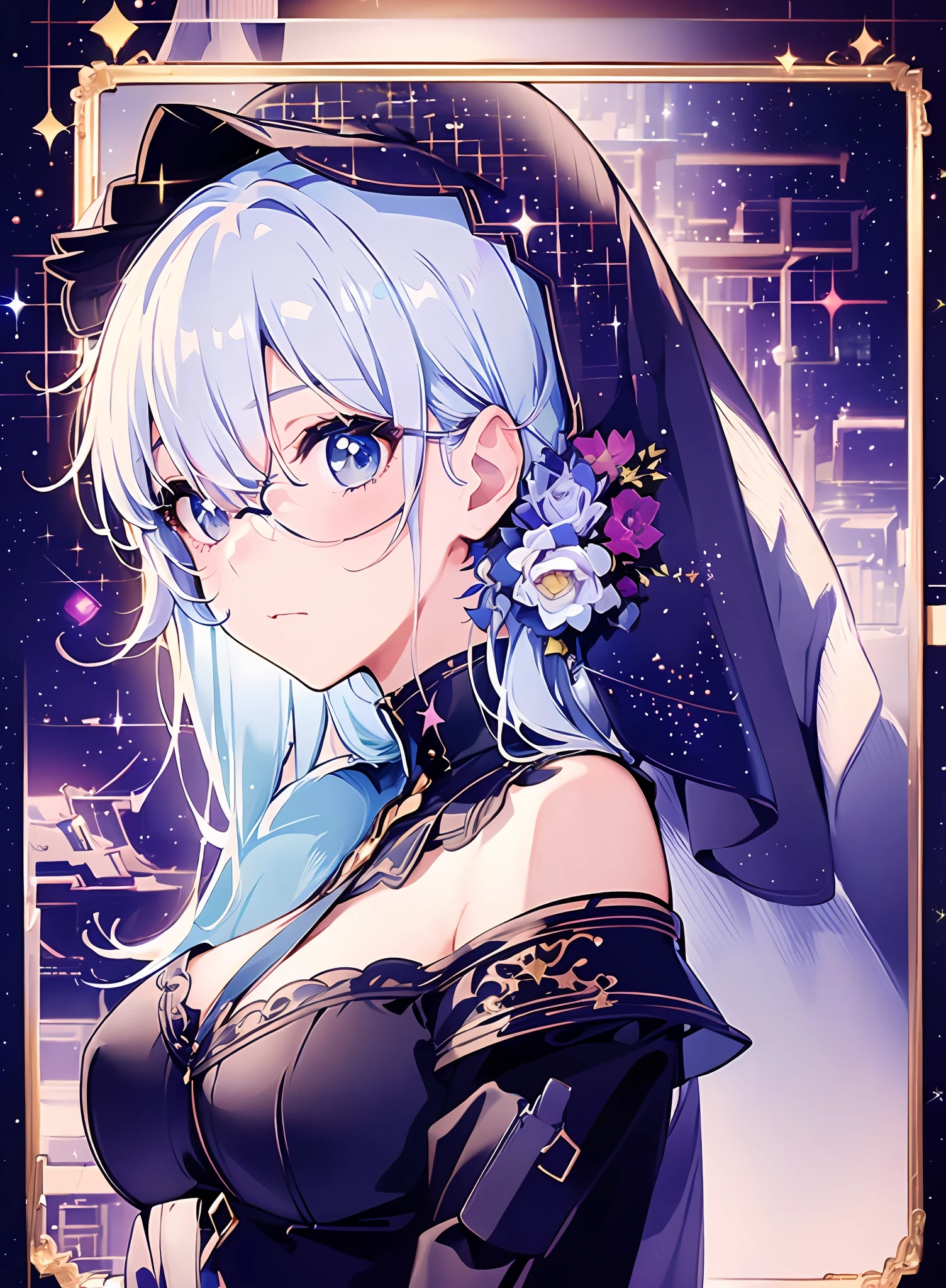 1 girl, (((ultra-detailed))), ((masterpiece)), ((illustration)), sensual, starlight saintess, black ornate dress, curvaceous woman, head veil, long silver hair, fair skin, droopy eyes, starry eyes like the night sky, bust up, facing forward