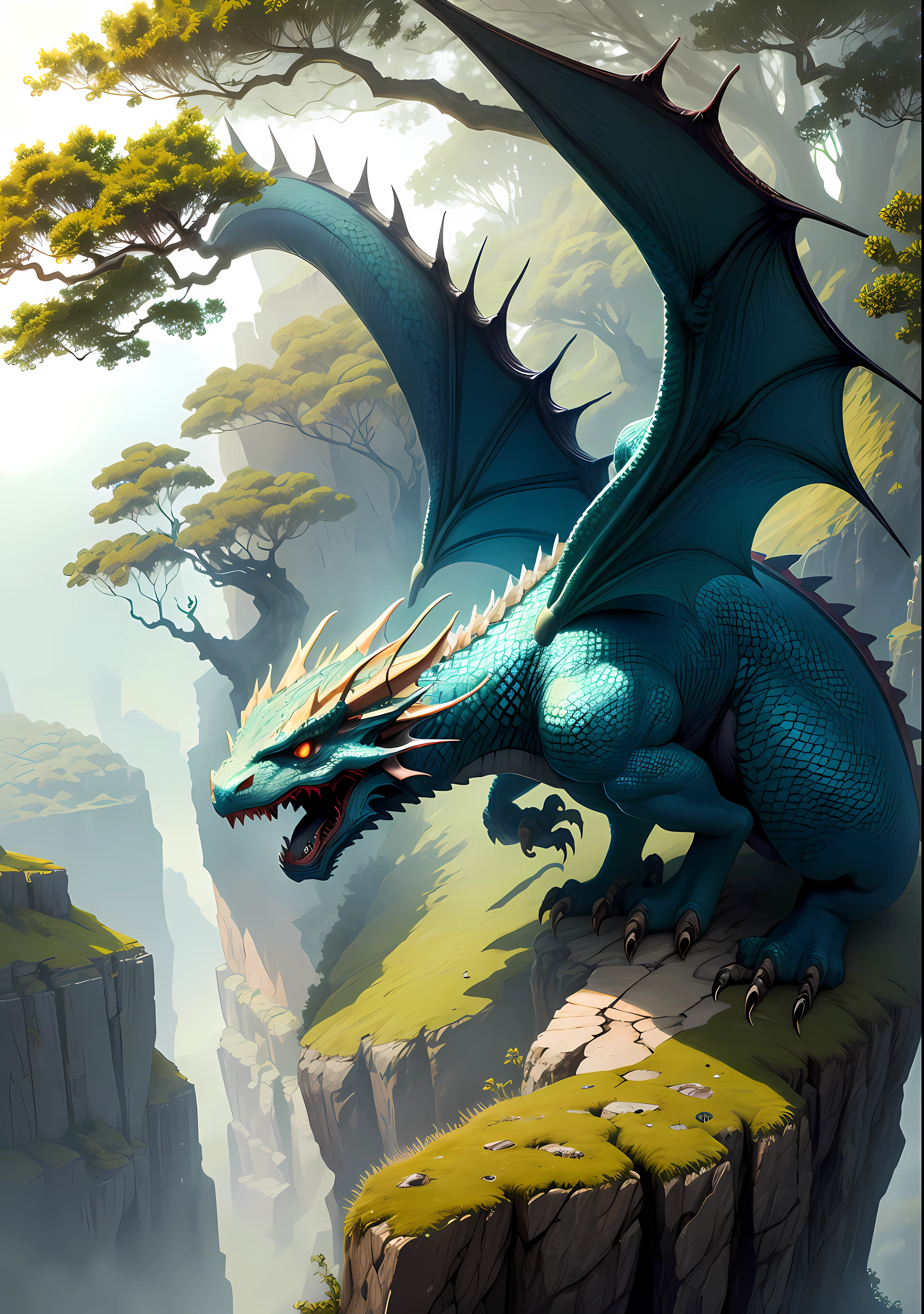 Dragon Western Dragon Forest Dragon On the cliff There is a forest under the cliff Dragon spreads its wings and squats