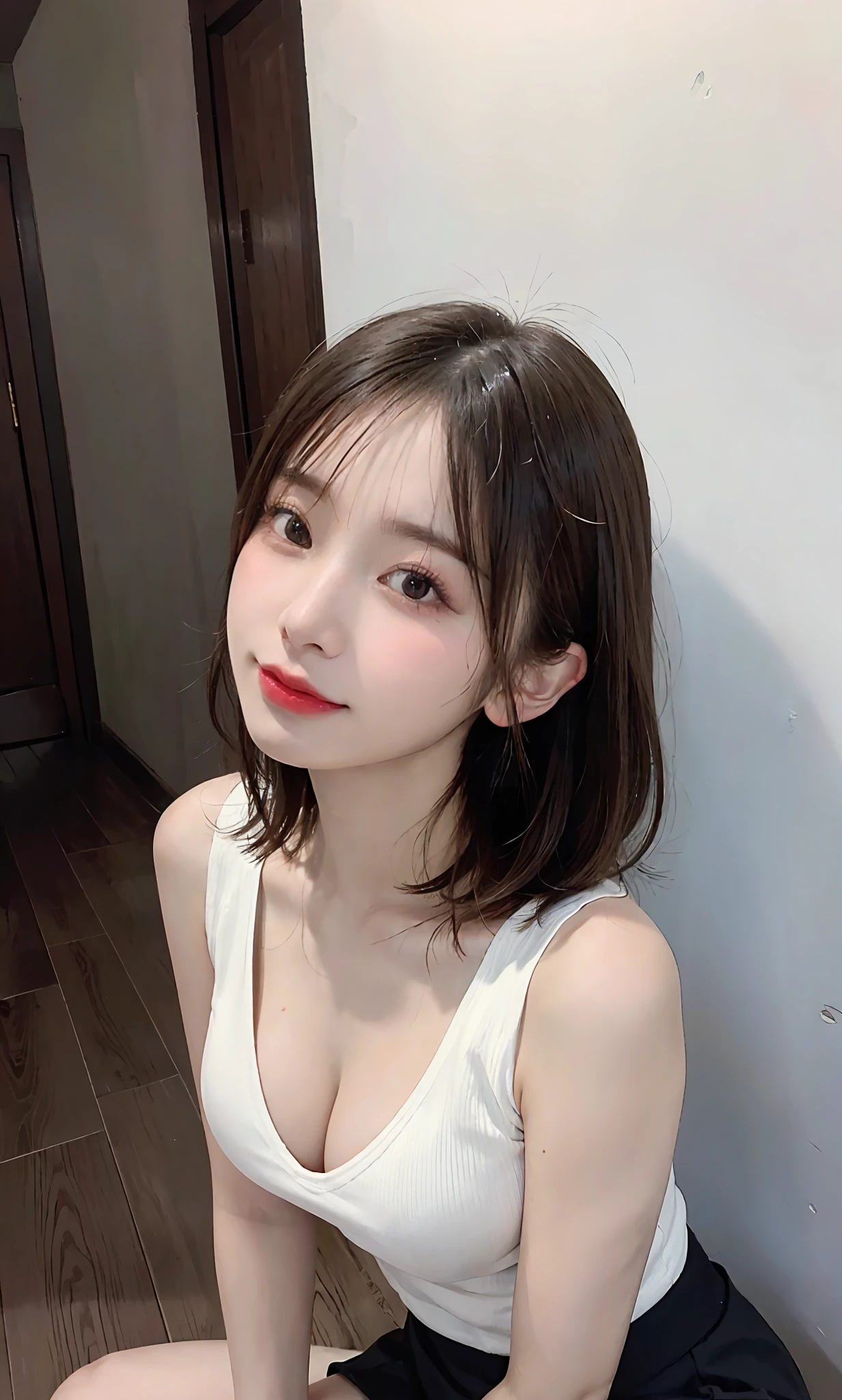 finely best quality、masuter piece、Beautiful smooth skin、The chest is open、Naked and thin sleeveless knit、cleavage of the breast、Breast underbreast、a short skirt、sitting on、Small breasts、Medium-sized breasts、NSFW、cowboy shot、Camera looking up from below