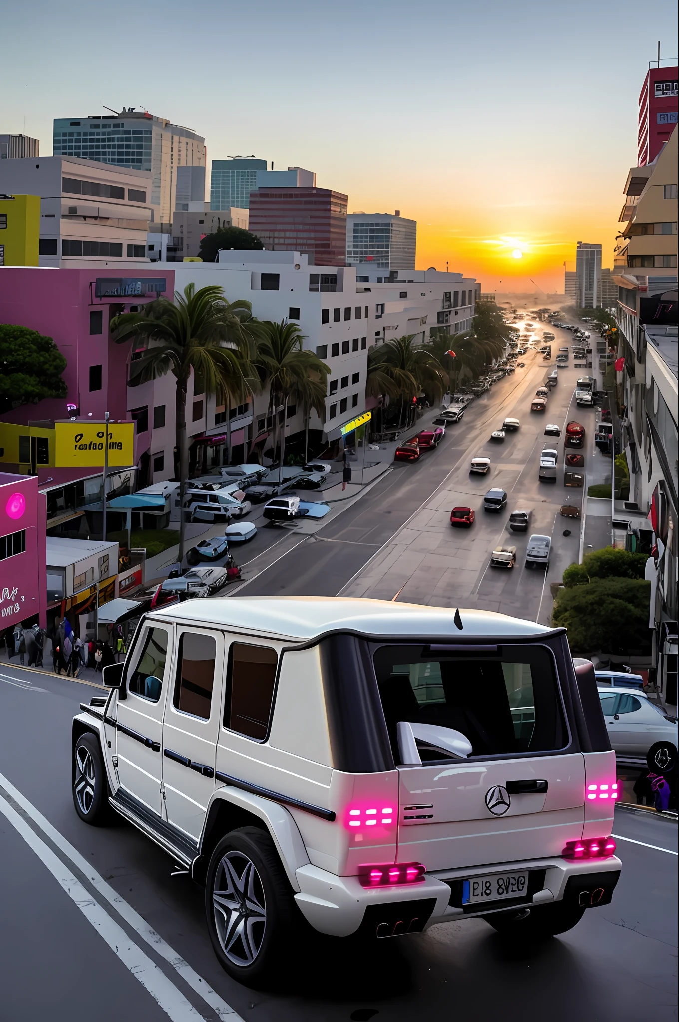 sunny day bright beautiful overcast sky sunset sports car ((MERCEDES G 63))running down cyberpunk Miami city streets neon signs and crowds confetti debris dust wind volumetric fog exciting epic action camera, (obra-prima: 1.2) (fotorrealista: 1.2) (Bokeh) (melhor qualidade) (pele detalhada ) (intricado) (8k) (HDR) (cinematic lighthing) (foco nítido)