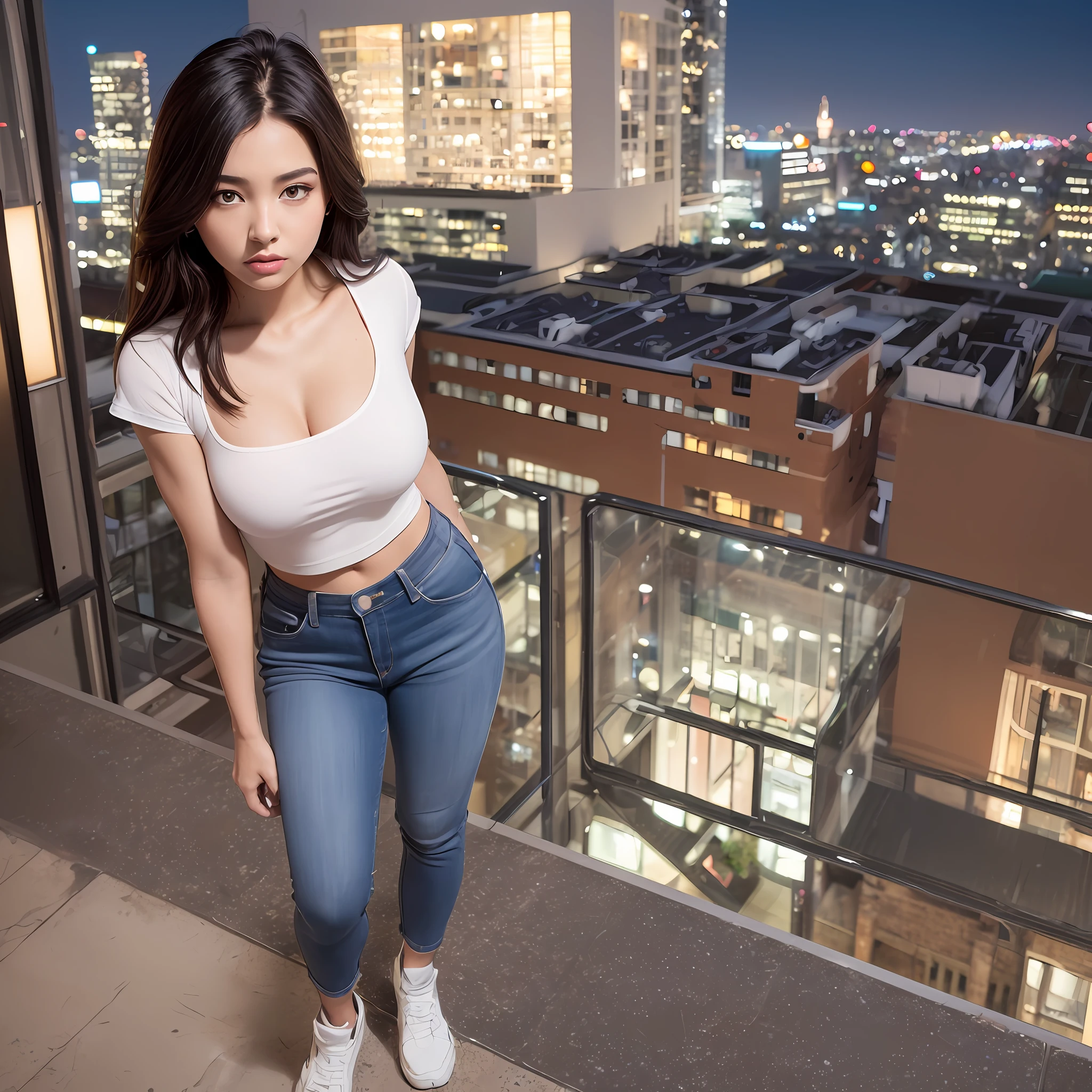 ((Midnight, Acura, 8K, Masterpiece:1.3)), Full body, Long legs, Focal length: 1.2, Perfect Body Beauty: 1.4, Slim Abs: 1.1, ((Dark Brown Hair, Big Breasts: 1.2 )), (White Skinny T-shirt, Denim Suspenders, Standing: 1.2), ((City Night View, Roof: 1.3)), Highly detailed face and skin texture, Detailed eyes, Double eyelids, no bra --auto