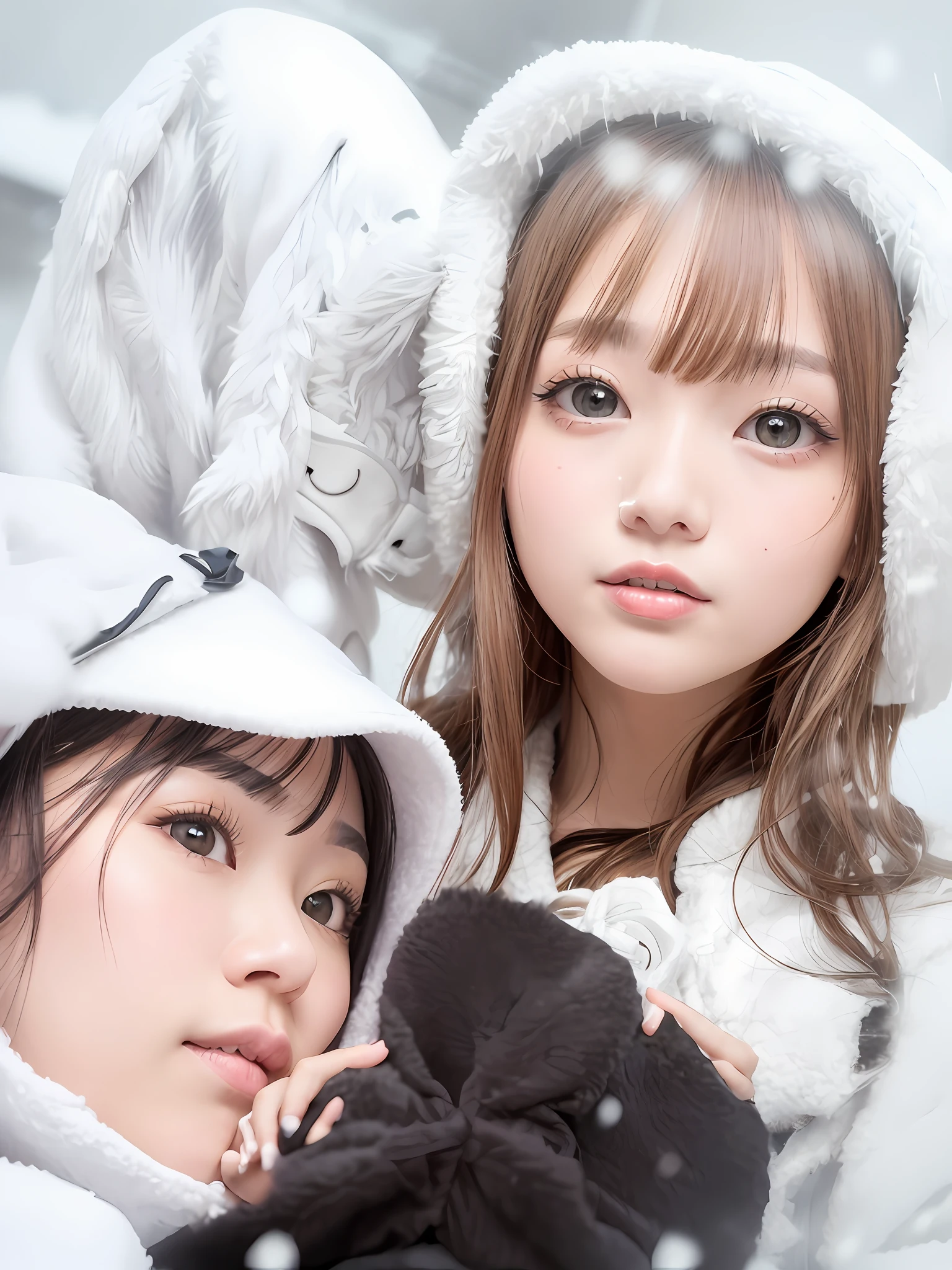 arafed woman wearing a white coat and a furry hat, chiho, wearing a cute hat, shiori teshirogi, at instagram, kazami yuuka, with cute - fine - face, in snow, xintong chen, saori, snapchat photo, Ruan cute vtuber, natsumi mukai artwrok