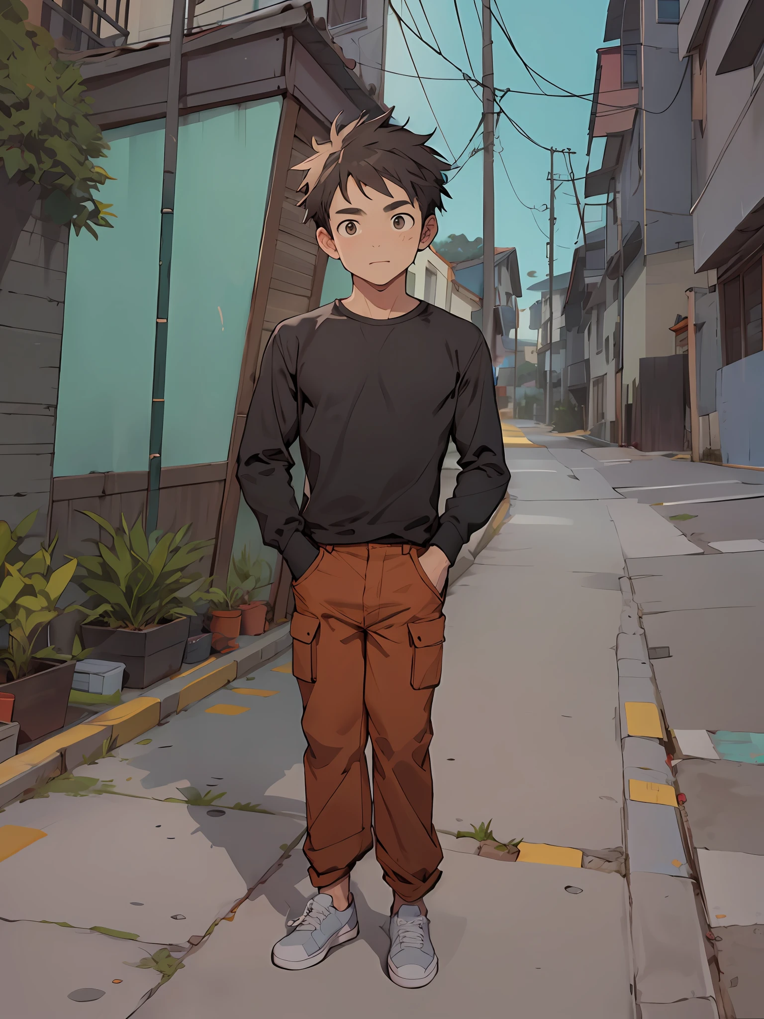 1 homem, obra-prima, melhor qualidade, Ultra alto nada, Twilight, corpo inteiro, alto, magro, vestindo uma camisa manga longa, and a pair of brown pants, paisagem urbana, vegetation, Buildings, Casas, profundidade de campo, short black messy hair, Apenas para homens