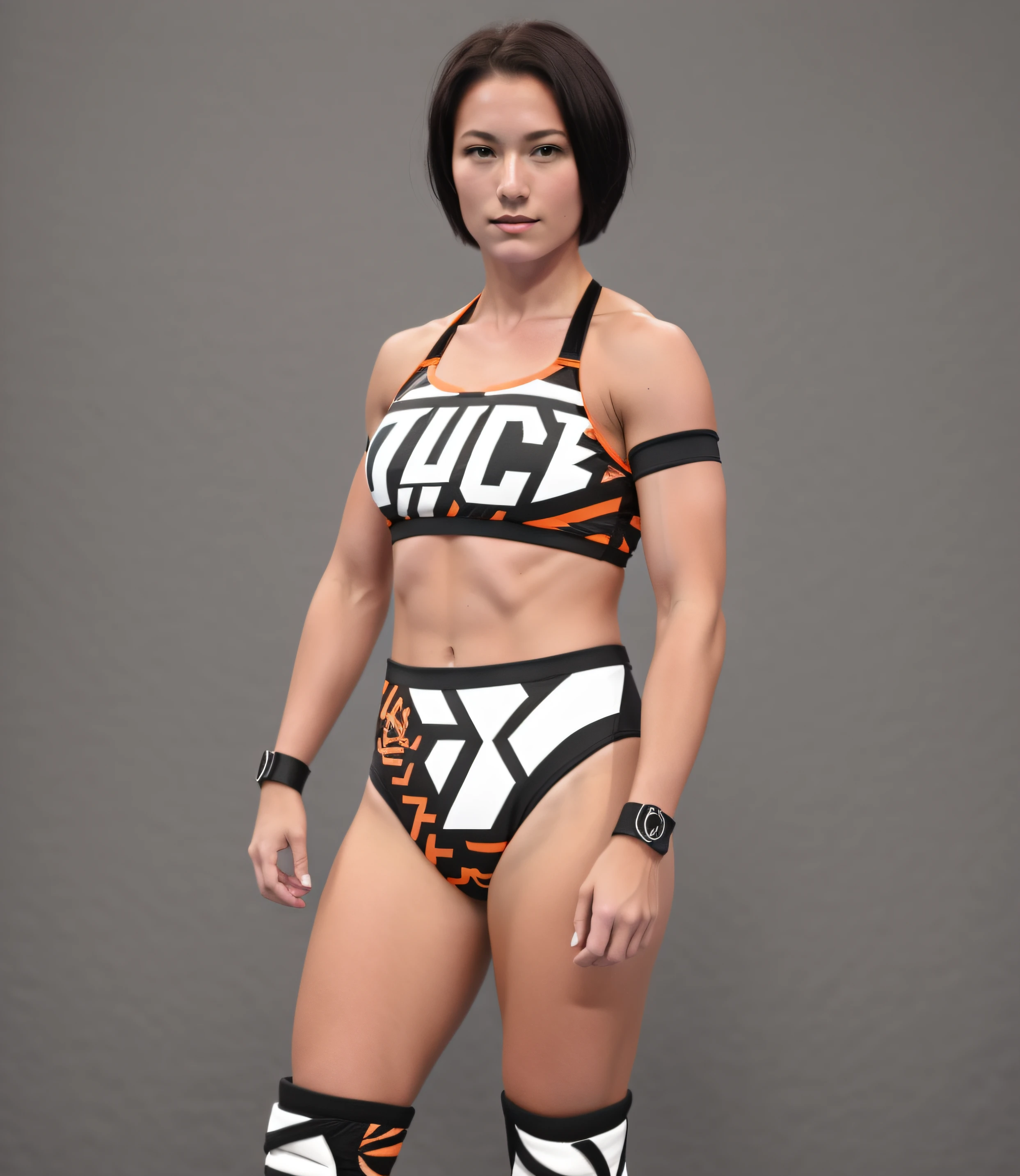 Dark-haired Caucasian female wrestler with a Karen haircut, in black orange and white sports bra that says "JOYCE", black orange and white high cut trunks, black arm-bands, black wristbands, black orange and white knee-pads, photo realistic, intricate details
