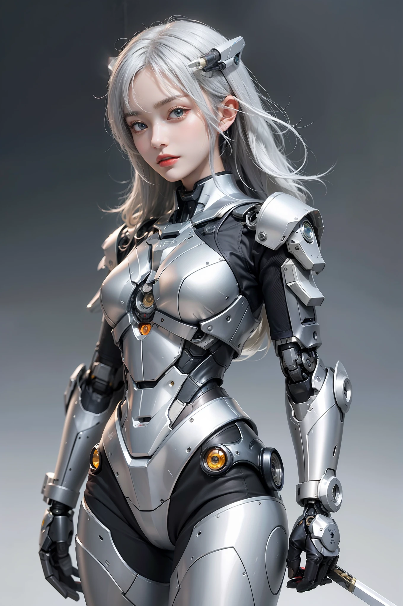 arafed woman in a futuristic suit holding a sword and a sword, Cute cyborg girl, Girl in Mecha Cyber Armor, beutiful white girl cyborg, gynoid cyborg body, perfect android girl, Perfect Anime Cyborg Woman, Beautiful girl cyborg, Cyborg girl, cyborg - girl with silver hair, armor girl, beautiful alluring female cyborg