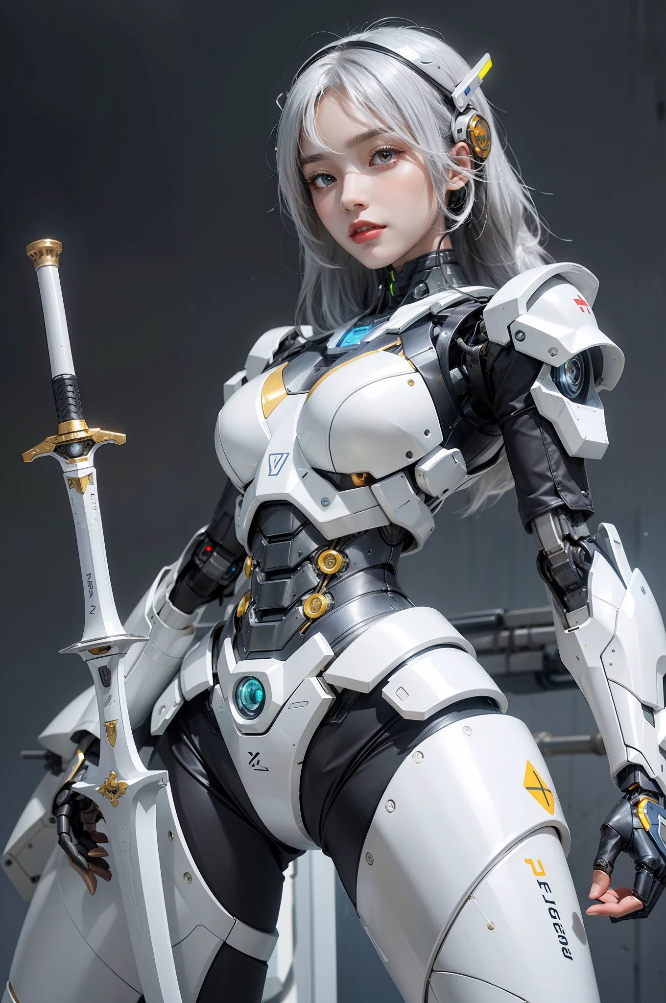 arafed woman in a futuristic suit holding a sword and a sword, Cute cyborg girl, Girl in Mecha Cyber Armor, beutiful white girl cyborg, gynoid cyborg body, perfect android girl, Perfect Anime Cyborg Woman, Beautiful girl cyborg, Cyborg girl, cyborg - girl with silver hair, armor girl, beautiful alluring female cyborg