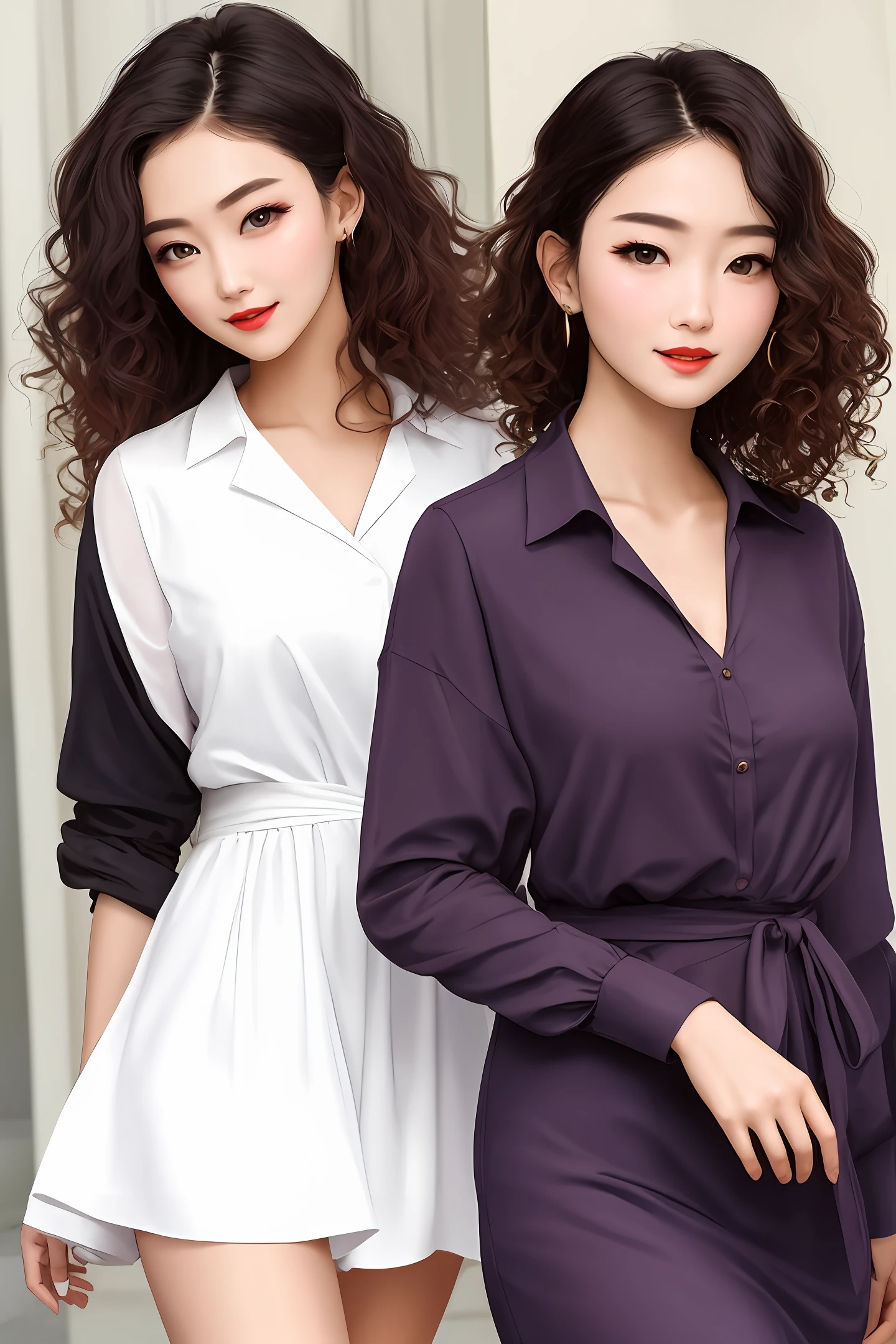 a beauty girl, Flaming red lips,Smoke eyebrows,Danfeng Eyes,Charming eyes,Goose egg face,Fair and delicate skin,Thin waist,The figure is bumpy,Mature charm,With a light smile on his face,Black-brown big wavy long curly hair,a beauty girl,The face is delicate,well dressed,Purple shirt,Short white dress,Expose calves,Full body photo,Skin is crystal smooth,The calves are very white